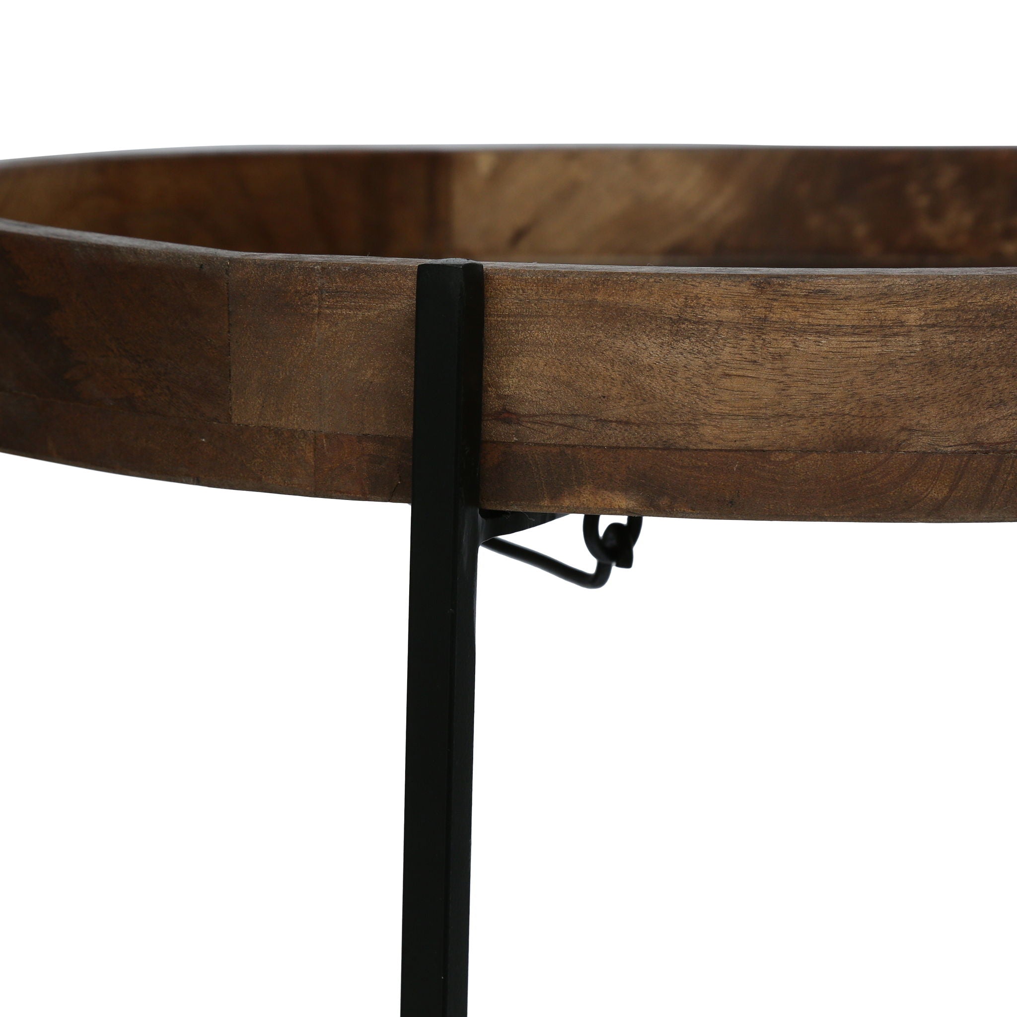 Modern Industrial Round End Table With Tray Top And Foldable Iron Legs - Natural