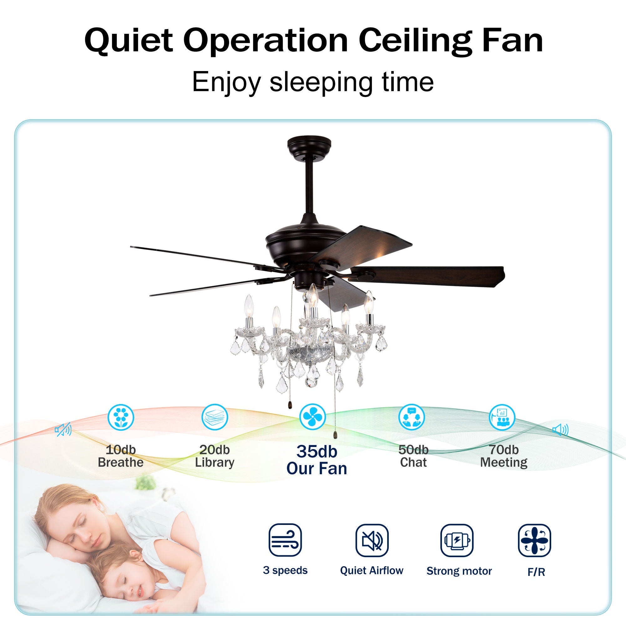 52" Crystal Shade Ceiling Fan Lamp, 3 Speed, 4 Timing, 5 Reversible Blades Crystal Ceiling Fan, 5 Pieces X E12 (No Include Bulb), Hand Pull Chain - Matte Black