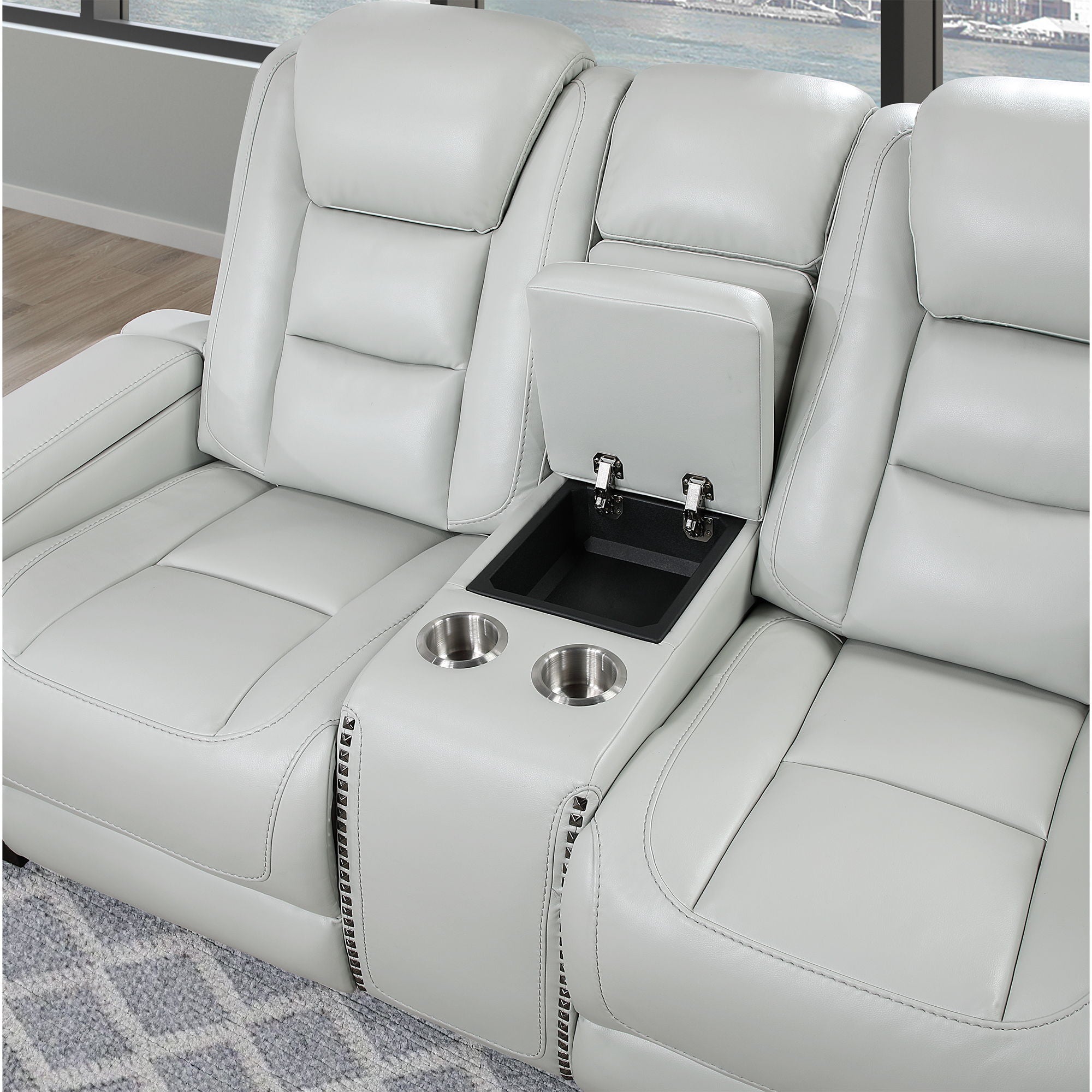 Power Console Loveseat With Power Headrest USB LED And Bookshelf Arms - Gray