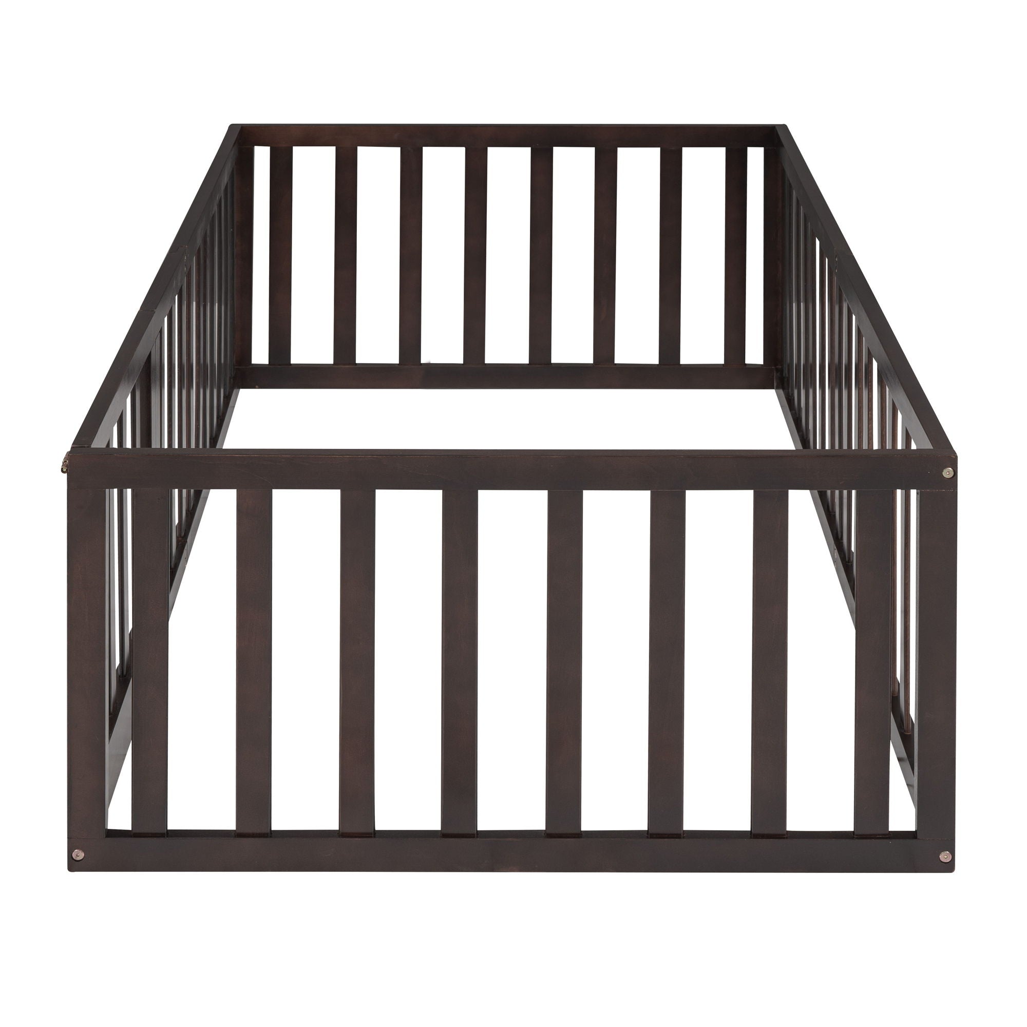 Twin Size Floor Bed Frame With Fence And Door - Walnut
