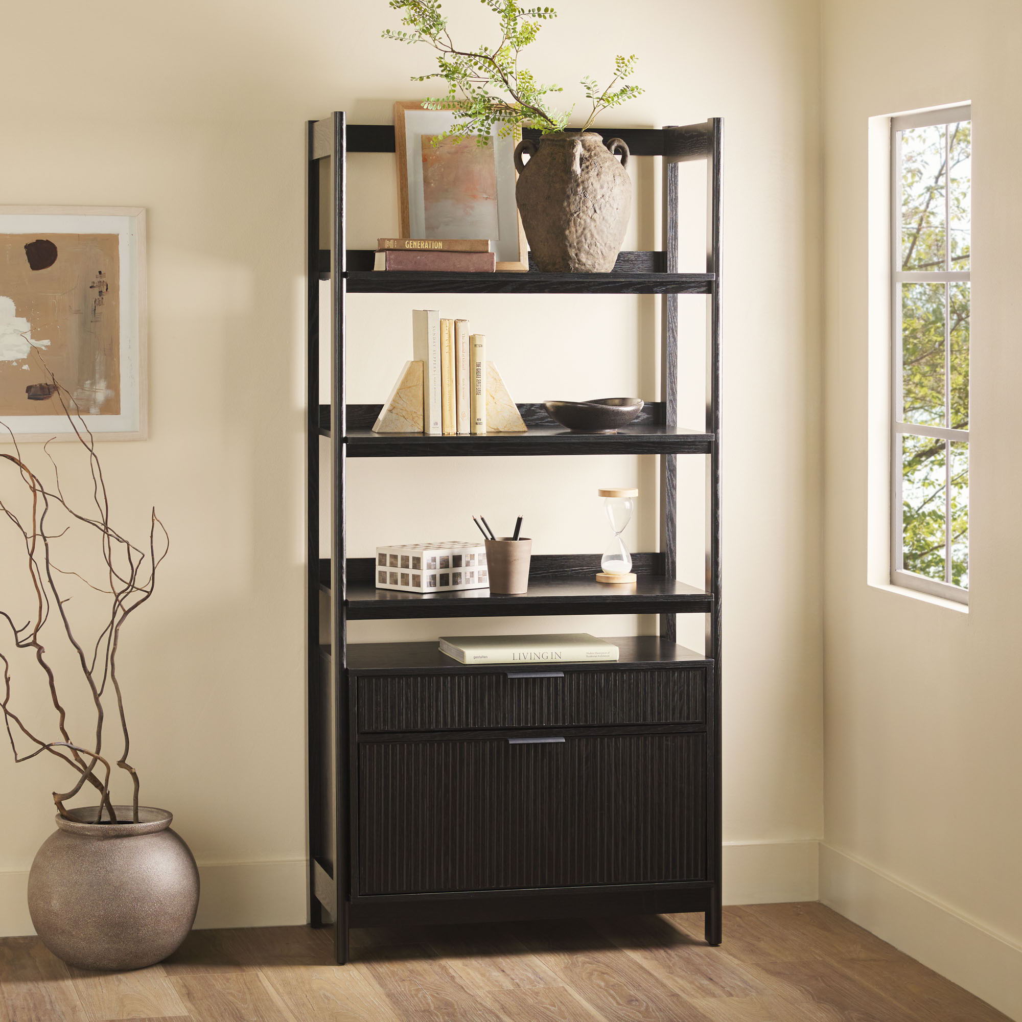 Transitional Wide Reeded Bookshelf With Drawers On Bottom