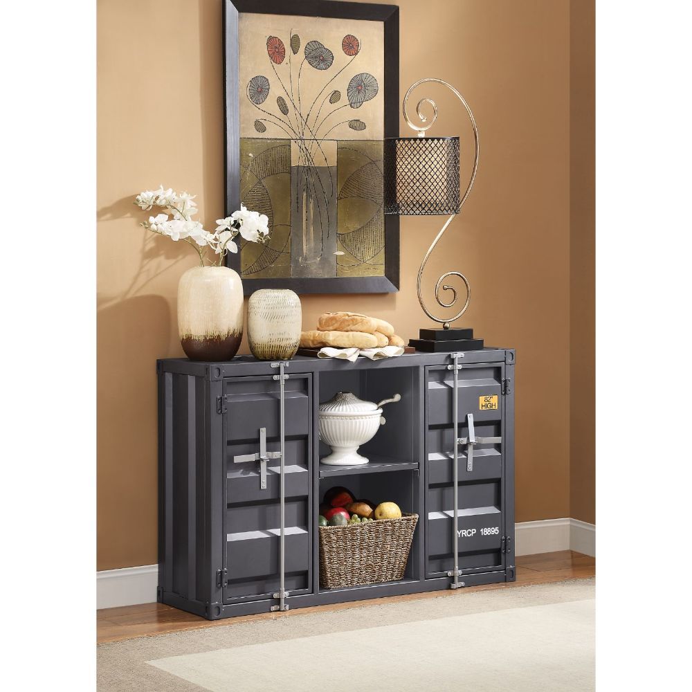 ACME KD, Rectangular Server • Storage: 2 Open Compartments (1 Metal Shelves), 2 Doors • Features: Metal Frame, Recessed Panels (Cargo Container Panels), Full-Length Container Lock • (NO LEGS) •• CONSTRUCTION •• Metal Case: Iron Plate (40 x 40mm) | Meri Fu