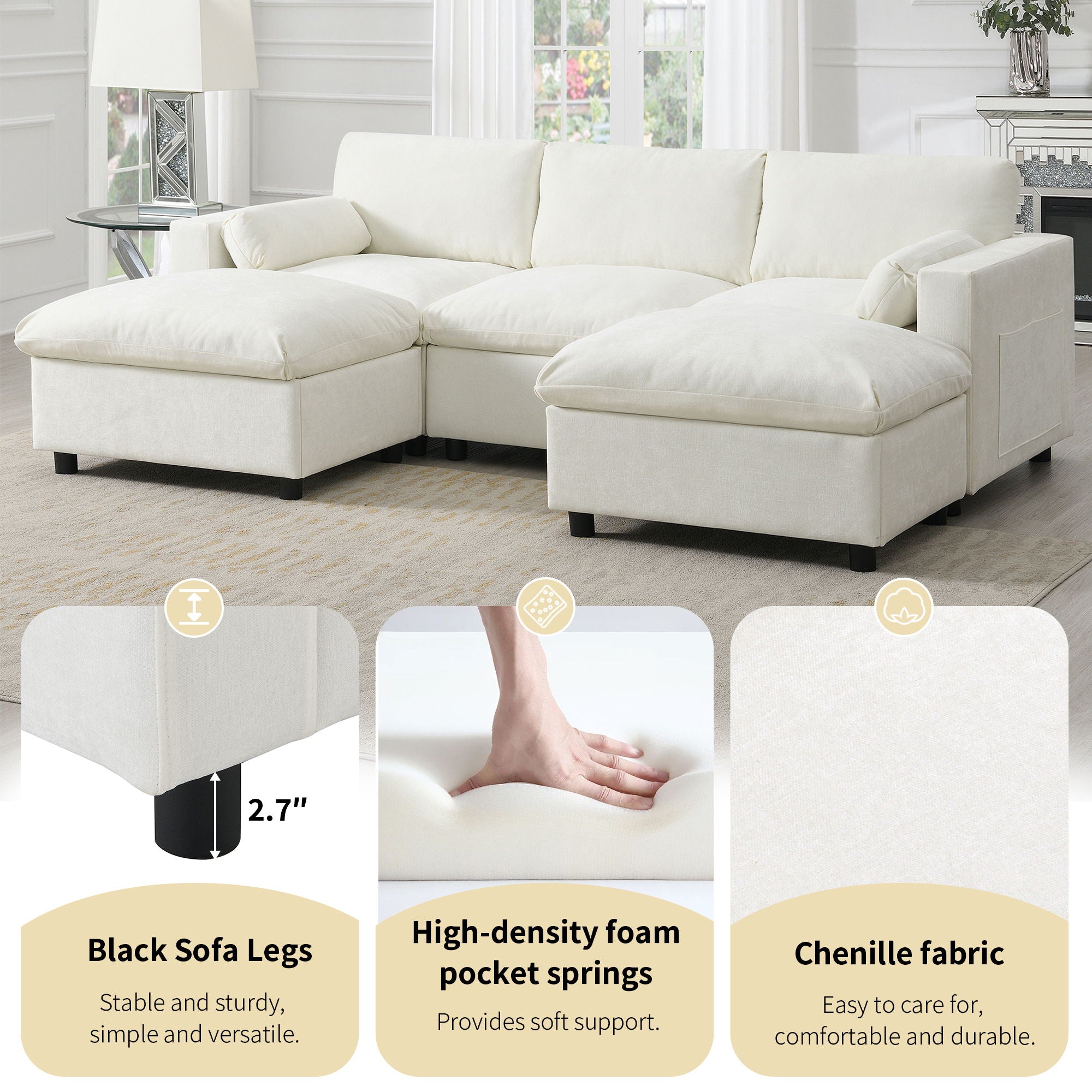 Modular Sectional With Storage Pockets, 5 Seat U Shaped Couch Set With Pillows, Free Combination Modern Cloud Sofa With 2 Movable Ottoman