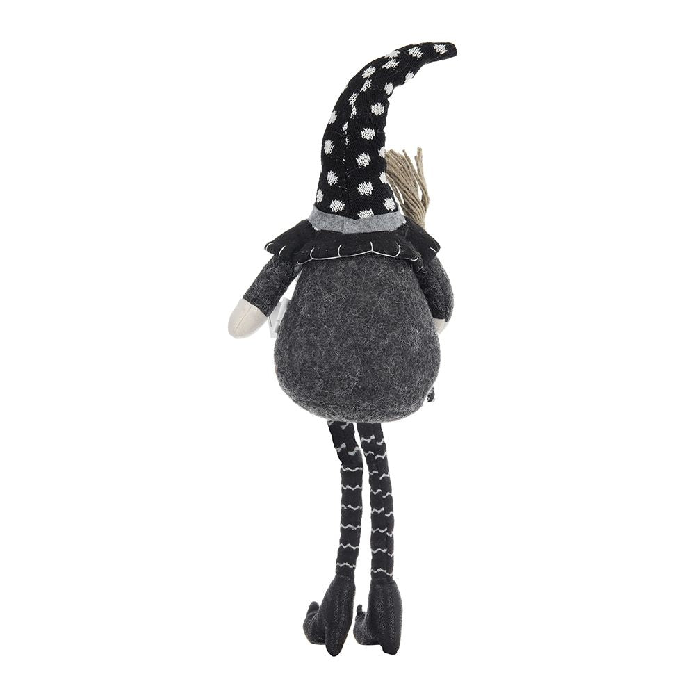 Sitting Gnome With Broomstick & Soft Legs, For Halloween Decor - Black White