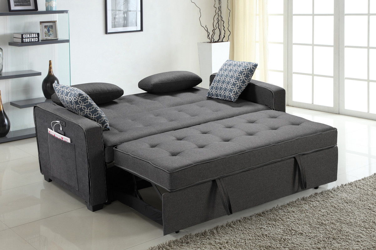 Cody 70"W Modern Gray Fabric Sleeper Sofa with 2 USB Charging Ports and 4 Accent Pillows