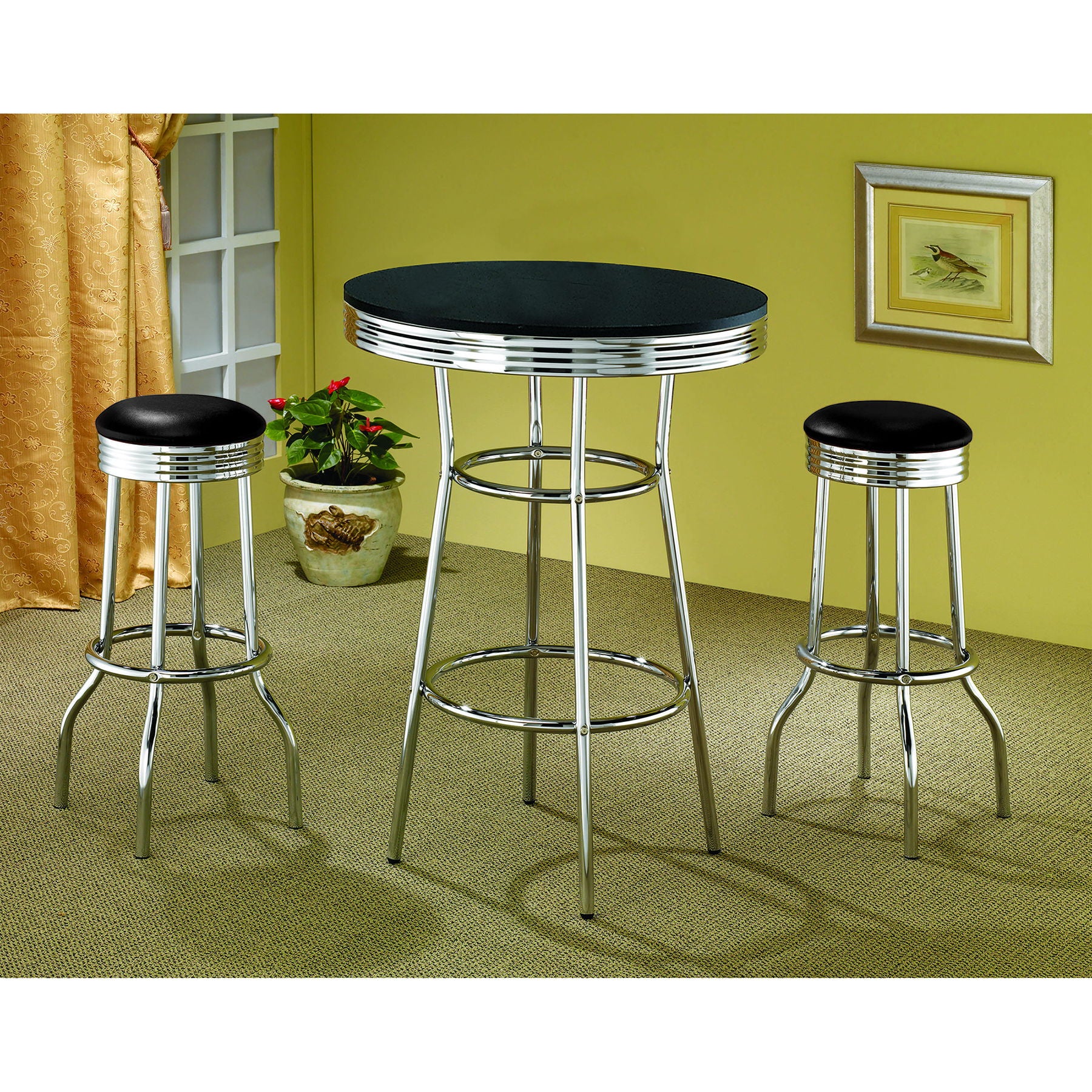 3 Piece Round 1950S Bistro Pub Bar Table Set - Black