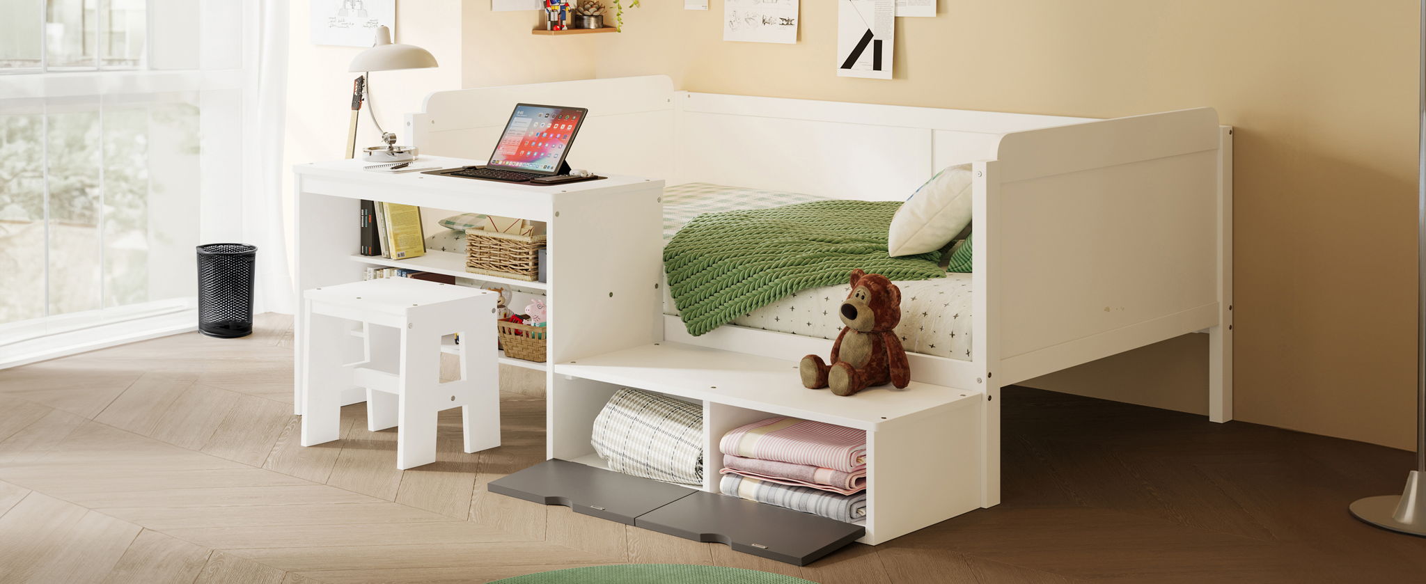 Daybed With Storage Shelves And Lockers, Multi Functional Bed With Study Desk And Matching Stool