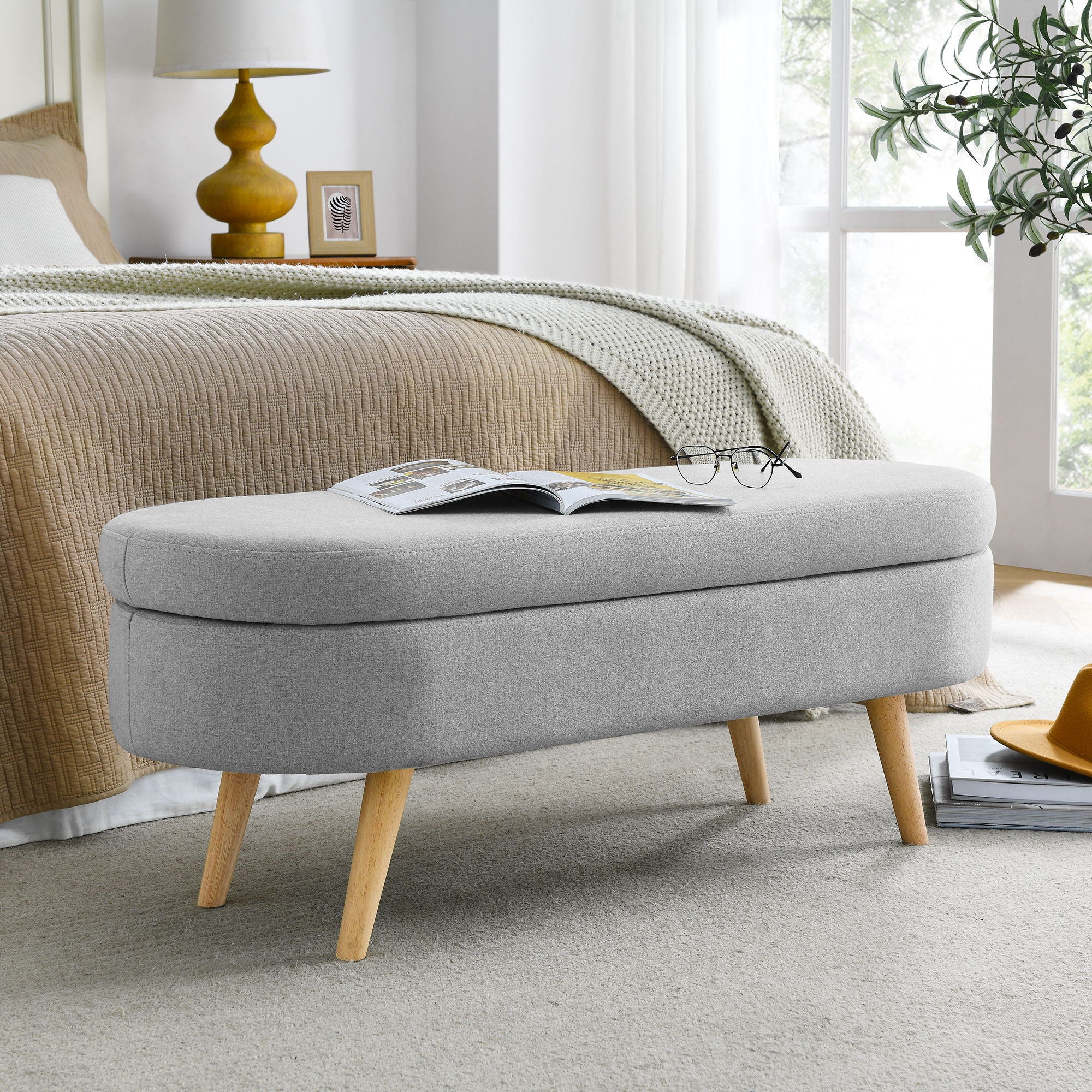 Ottoman Oval Storage Bench With Rubber Wood Legs Linen - Gray