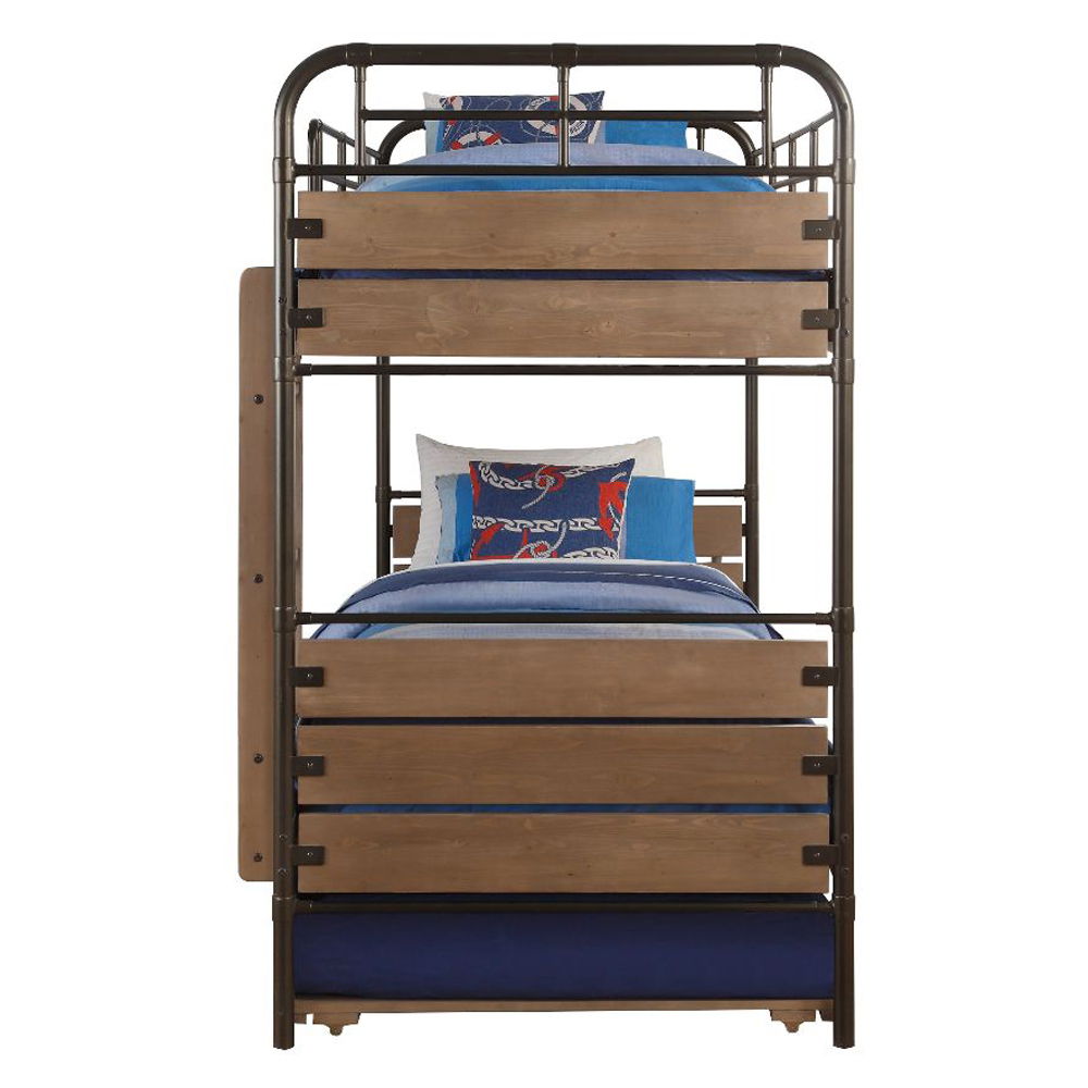 Adams - Twin Over Twin Bunk Bed With Trundle - Antique Oak & Gunmetal