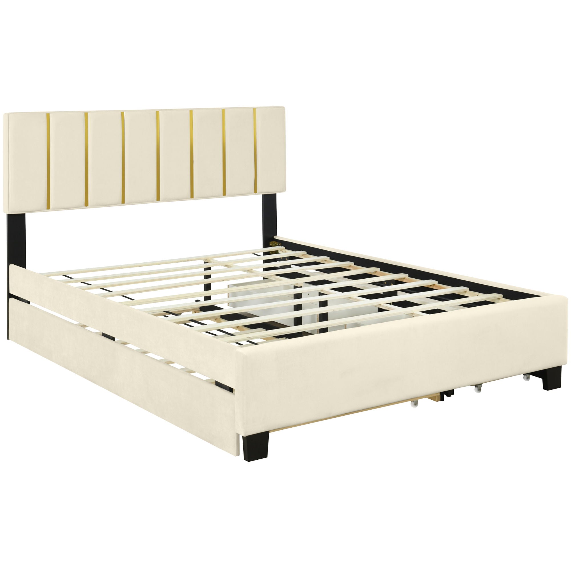 Upholstered Platform Bed With 2 Drawers And 1 Trundle, Classic Strip Headboard Design