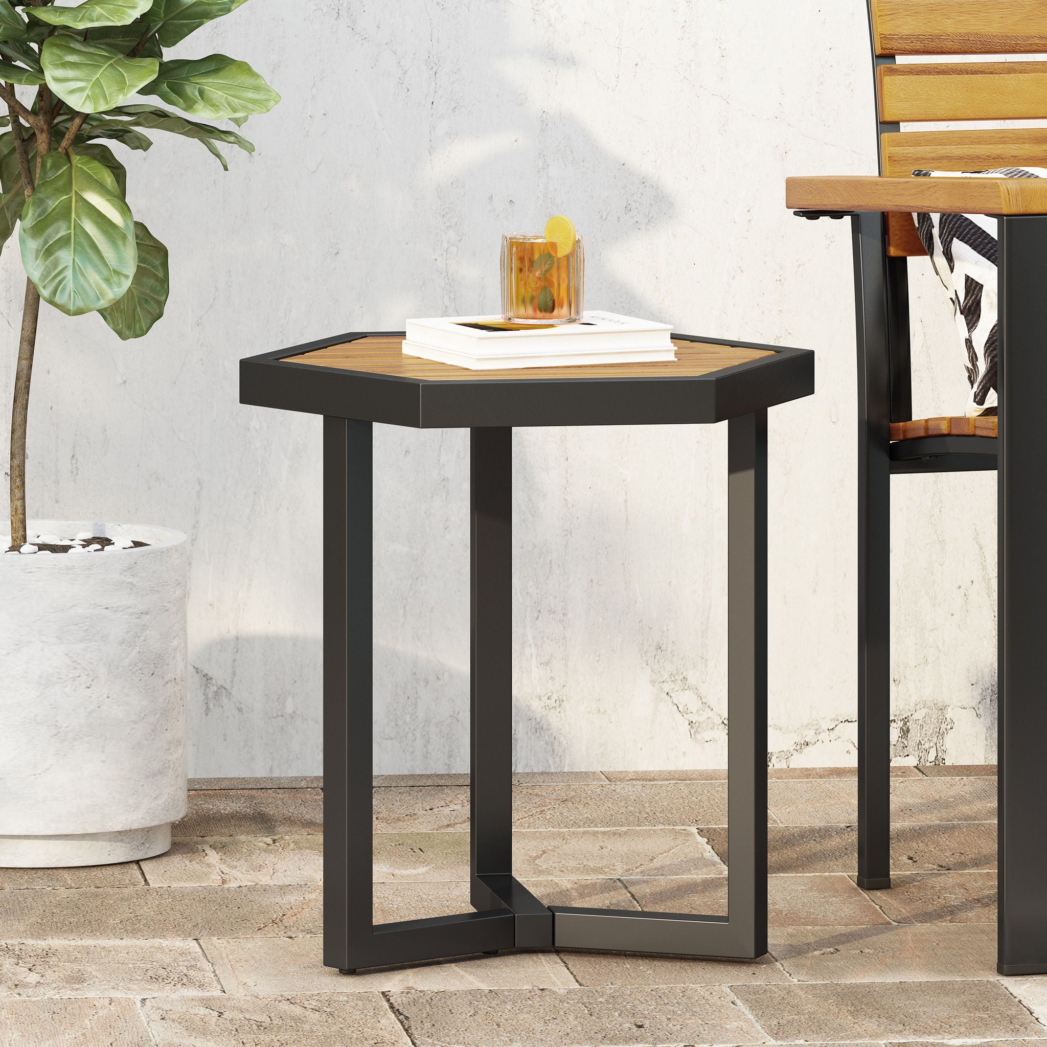 Outdoor Side Table With Iron Base And Slatted Top - Brown