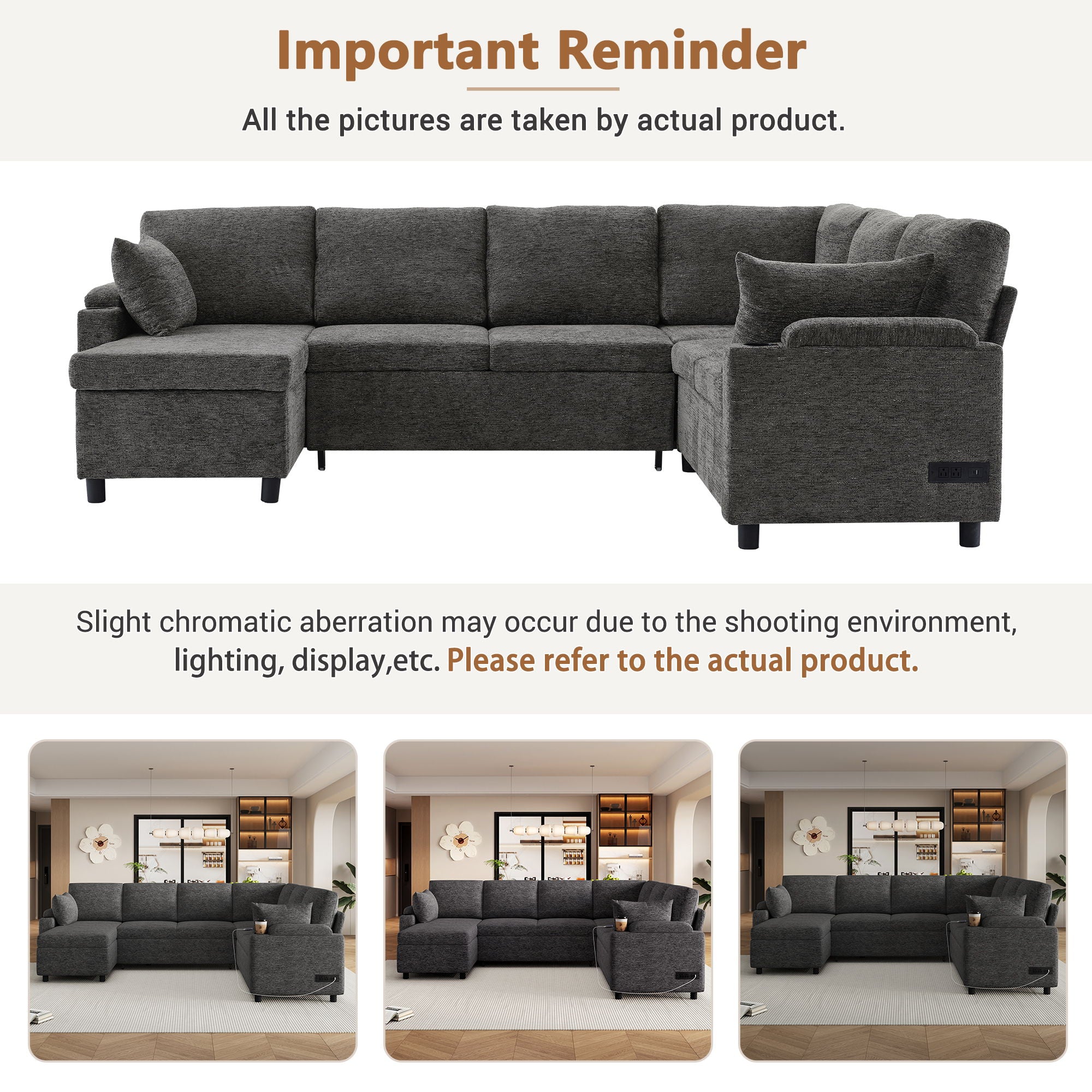 U-Shaped Sectional Sleeper Sofa With Ample Storage Space, 2 Cup Holders And Charging Ports For Living Room