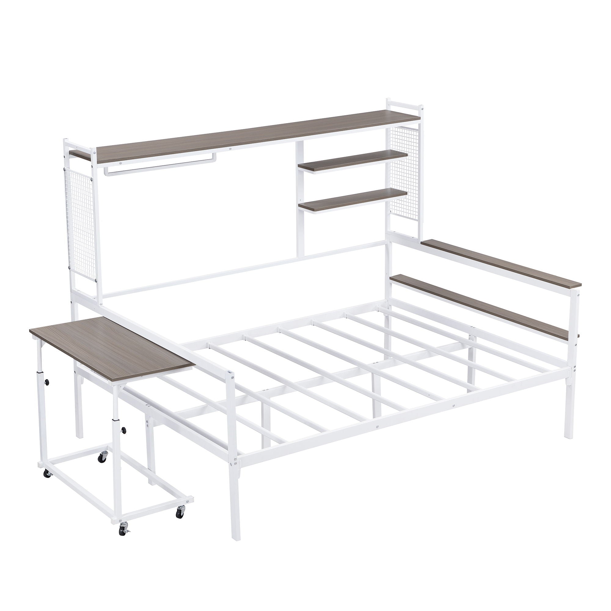 Daybed With Movable Desk, Grid, Shelves And Clothes Hanger