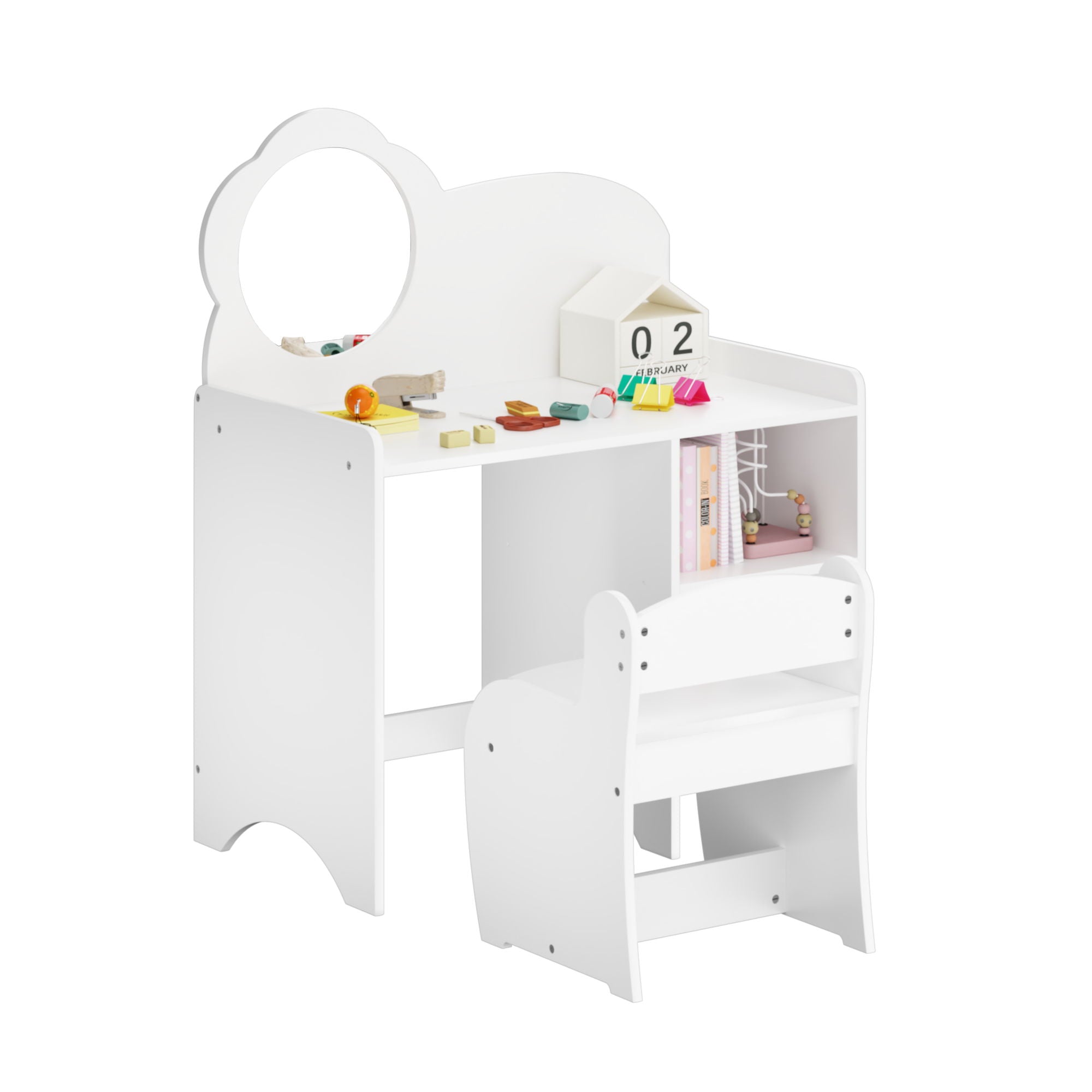 Kids Vanity Table With Mirror And Chair, Dressing Makeup Desk With Storage Shelves - White