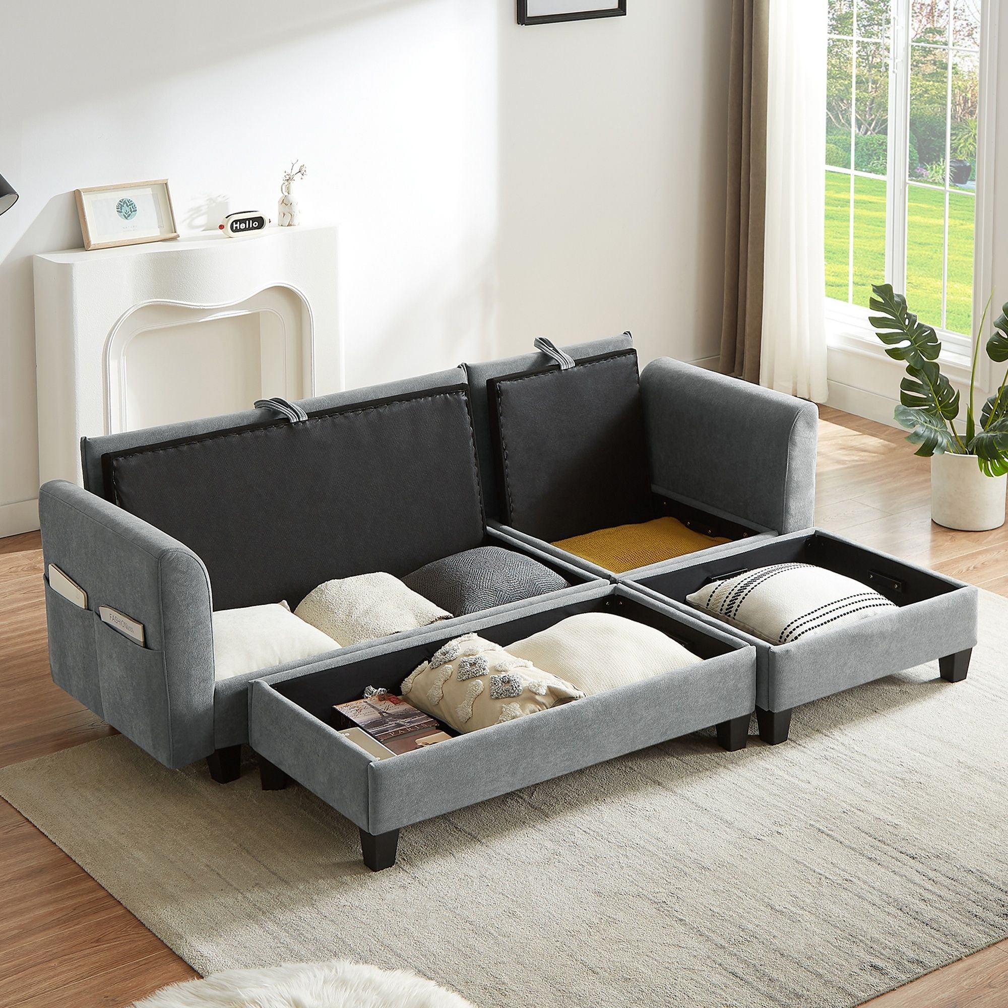 Upholstered L Shaped Sectional Sofa With Storage, Movable Ottoman, And 6 Throw Pillows