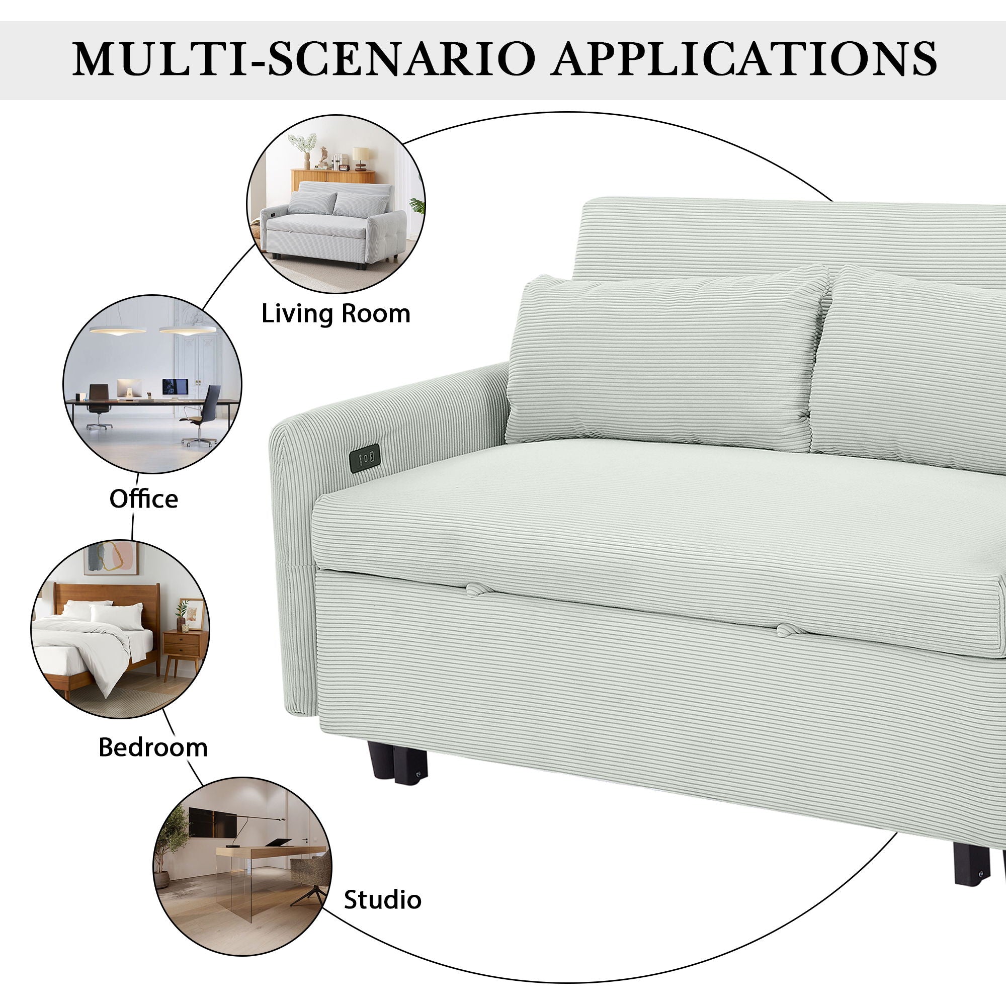 Pull-Out 2 Seat Modern Sleeper Sofa With 2 Throw Pillows And USB Ports