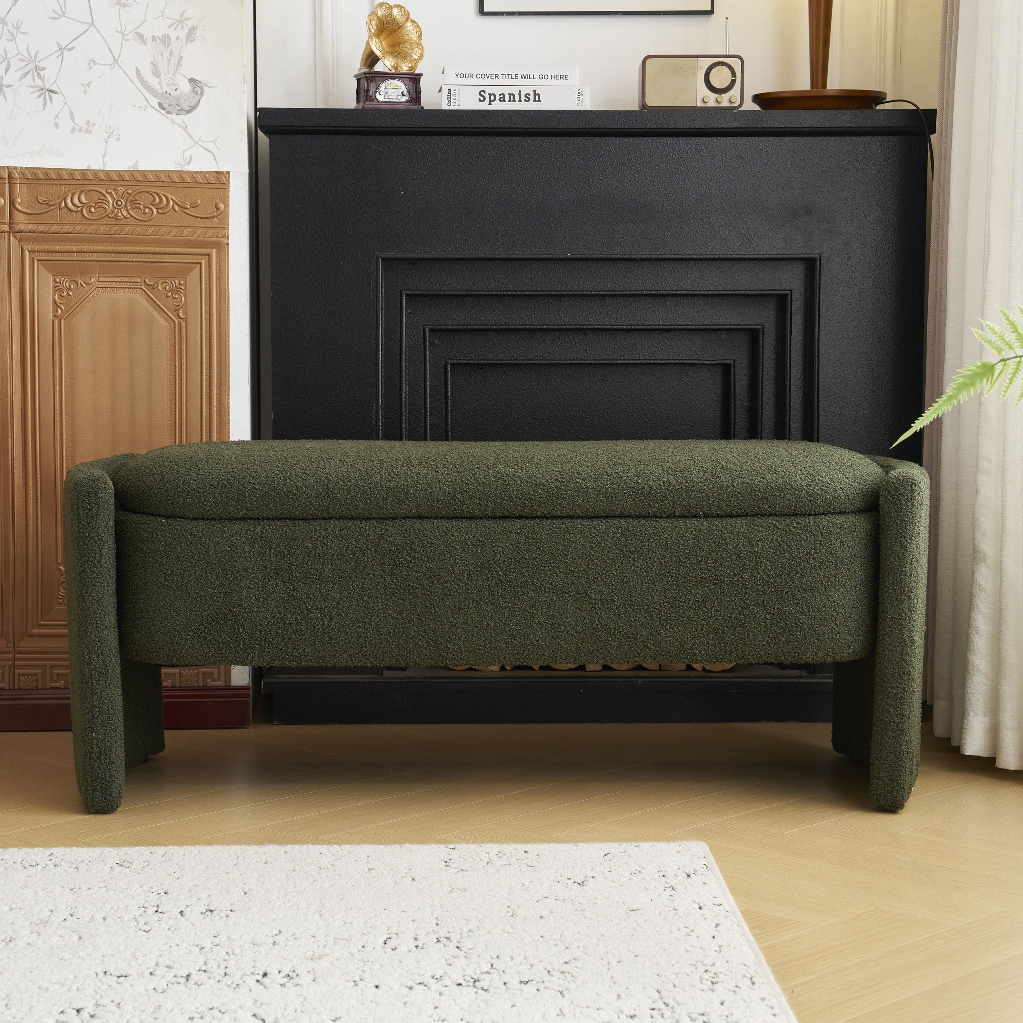 Elegant Long Shaped Storage Ottoman Bench, Boucle Material, Simple And Grand Design - Dark Green