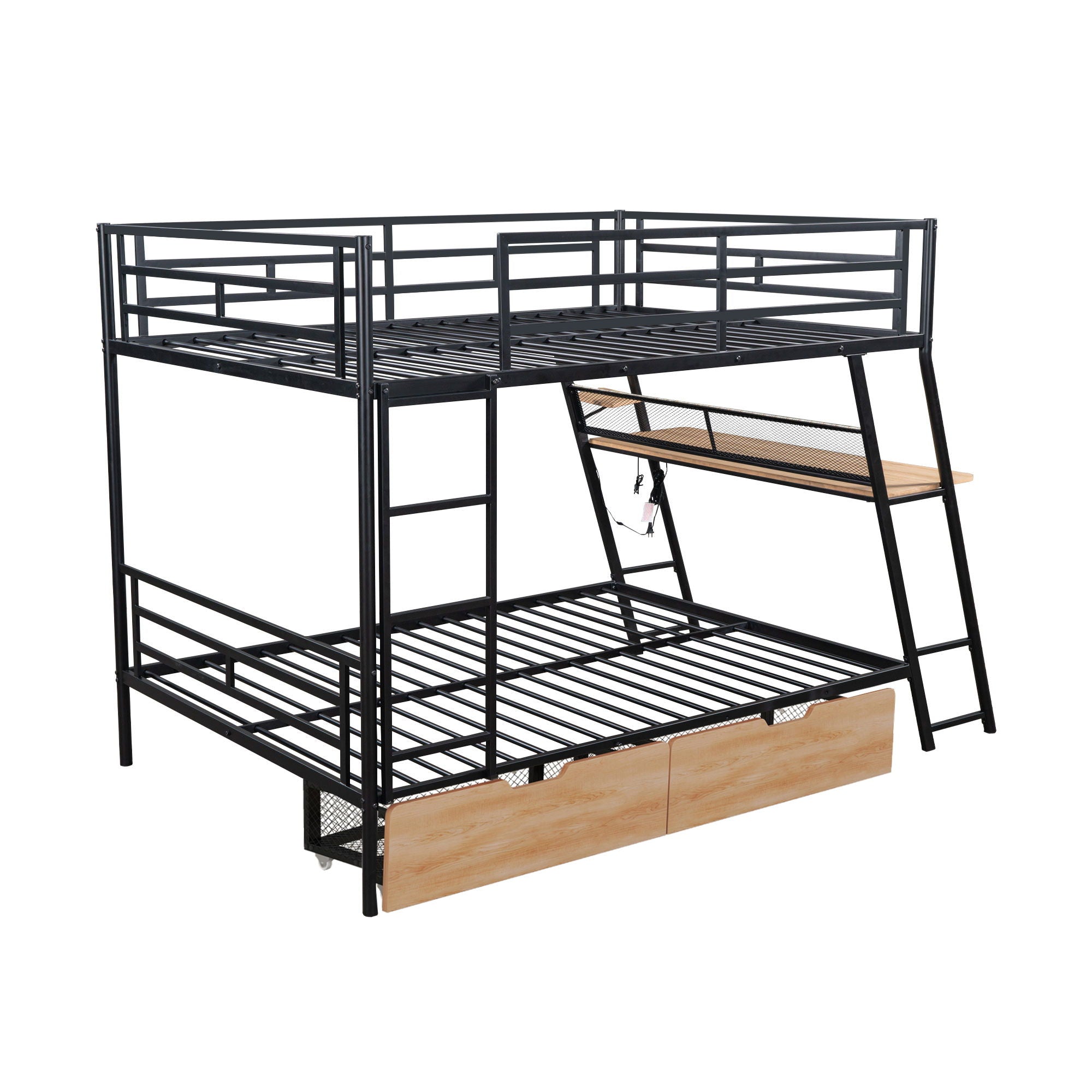 Full Size Bunk Bed With Built In Desk, Light, And 2 Drawers - Black