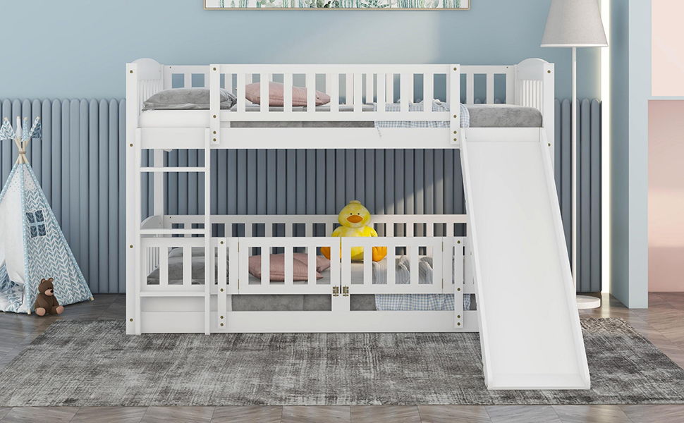 Low Bunk Bed With Slide, Fence And Ladder