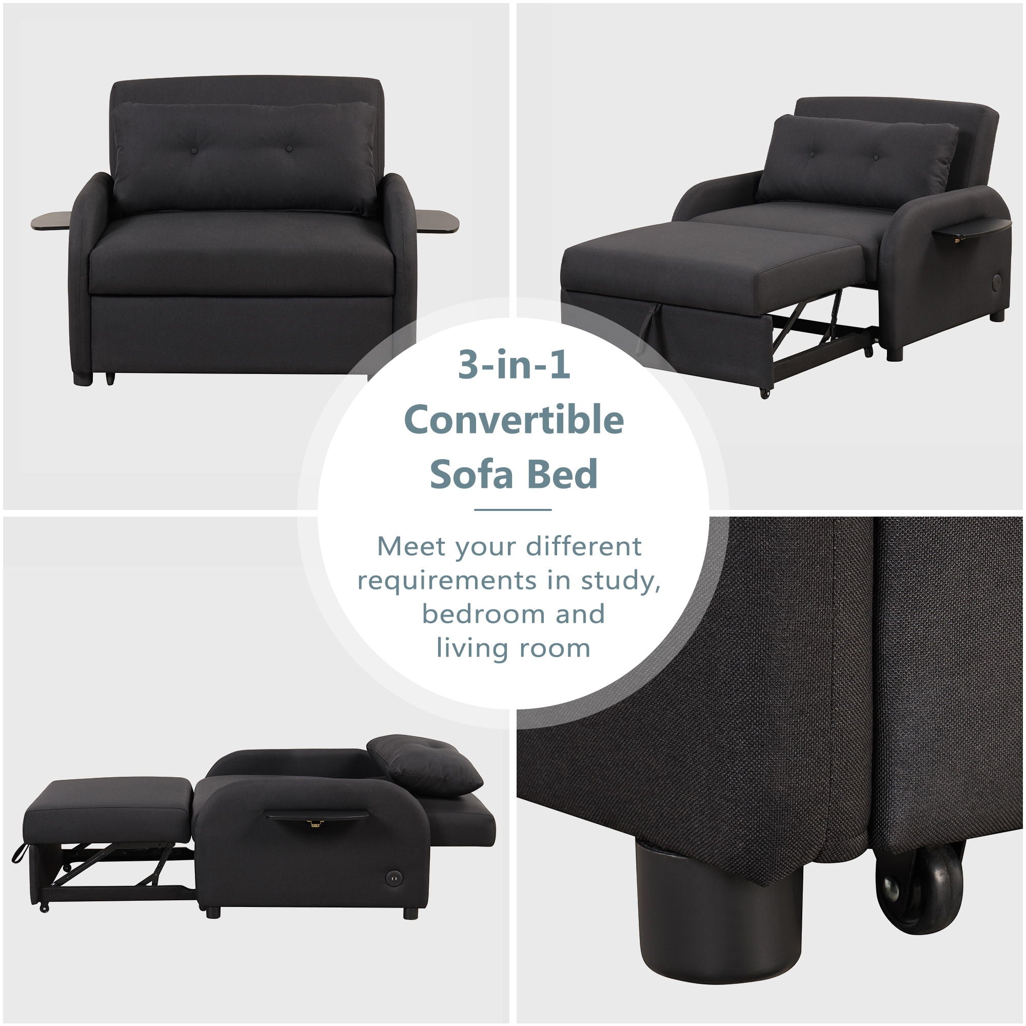 Versatile Pull Out Sofa Sleeper 3 In 1 With Wing Table & USB Charge, Compact Design