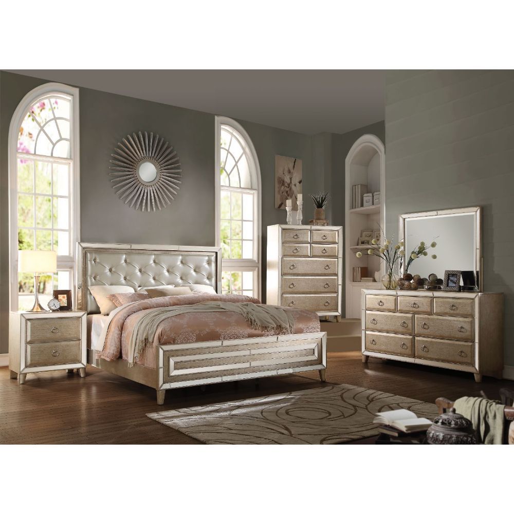 ACME Voeville - Eastern King Bed - Matte Gold PU & Antique Silver | Meri Furniture