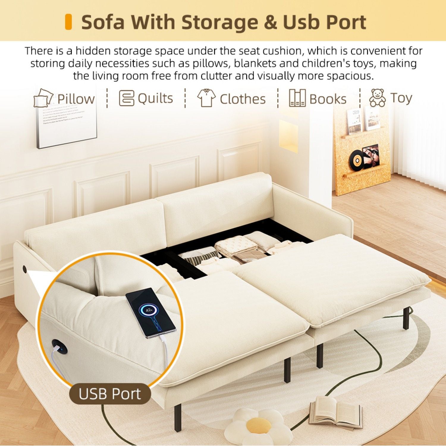 4 Seat Convertible Sleeper Sofa Bed, Modern With Storage