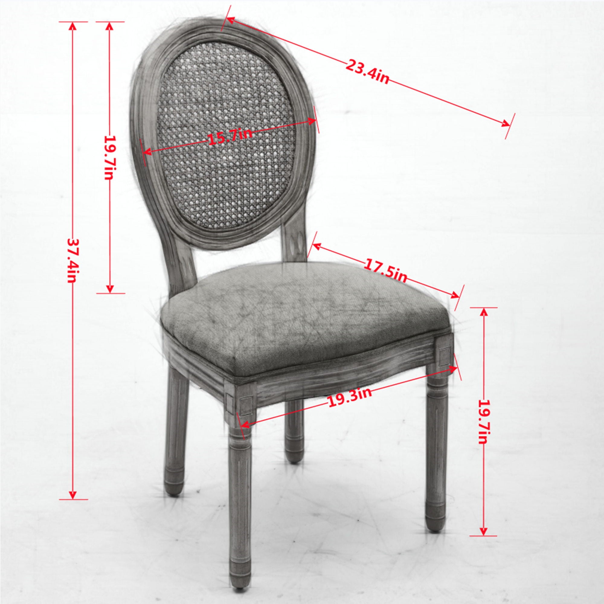French Style Solid Wood Frame Antique Painting Linen Fabric Rattan Back Dining Chair (Set of 2)
