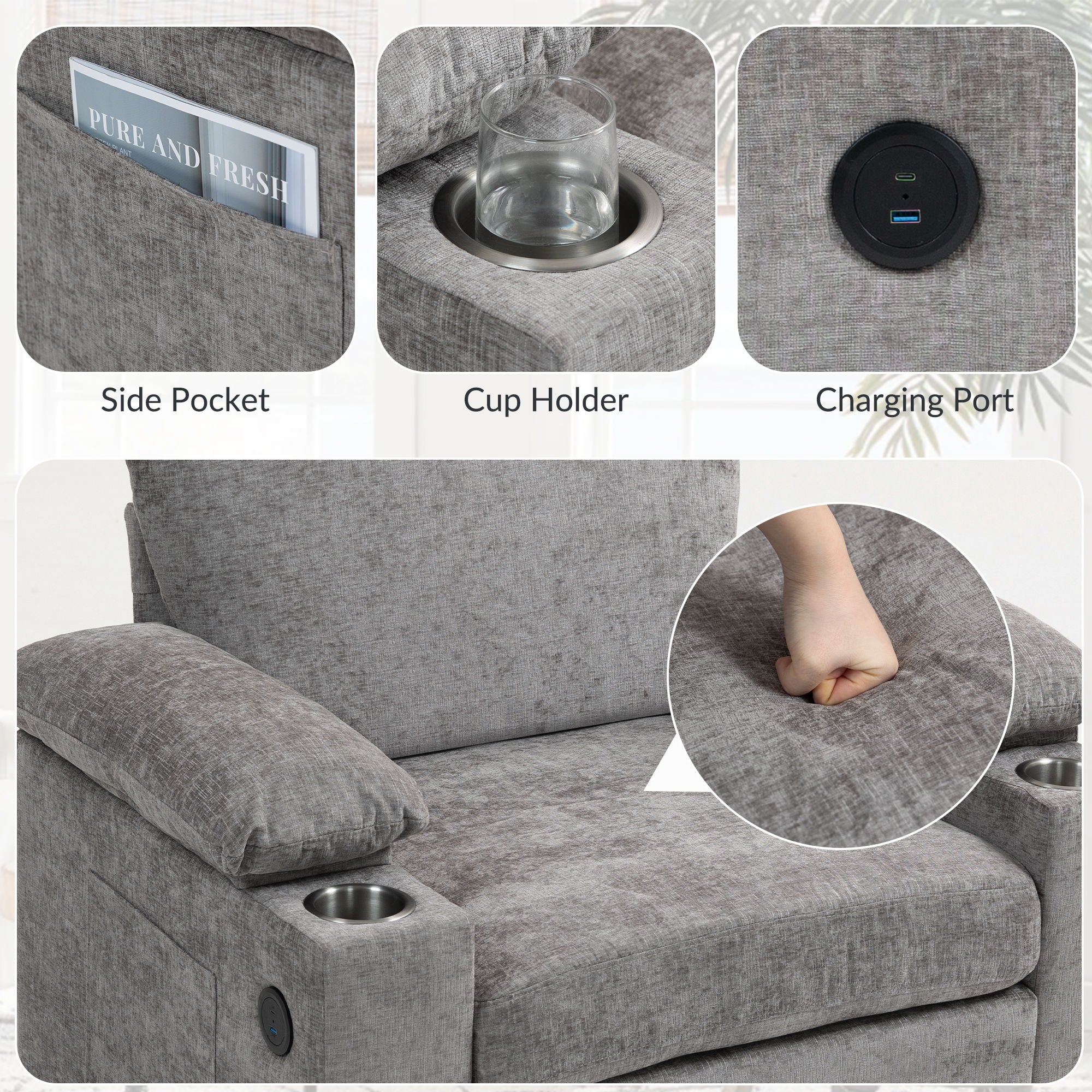 Modern Oversized Chair With Ottoman, Cupholders And USB Charging Ports