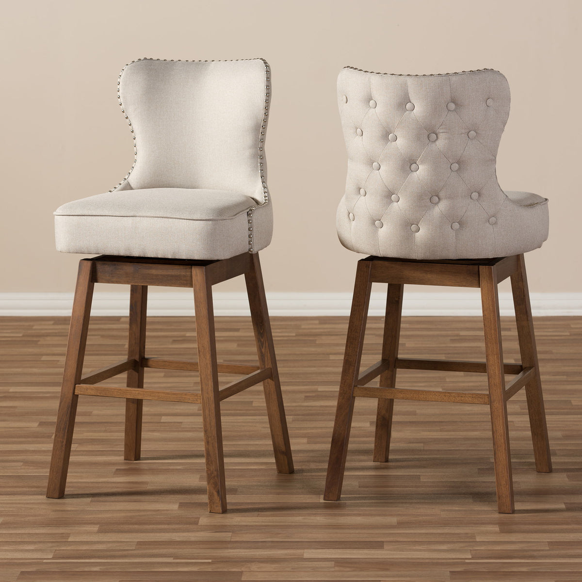 Gradisca Modern and Contemporary Brown Wood Finishing and Light Beige Fabric Button-Tufted Upholstered 2-Piece Swivel Barstool Set