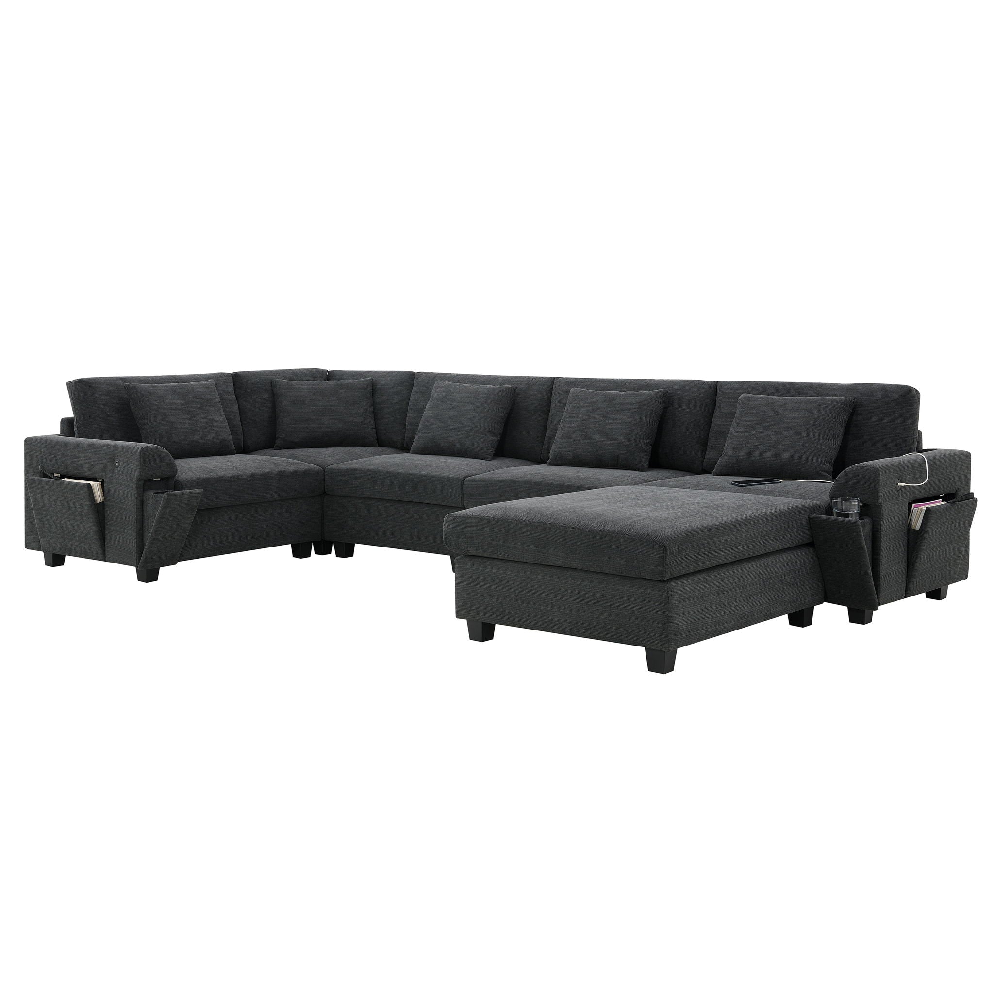 U Shaped Sectional Sofa 6 Seat Couch Set With Oversized Ottoman, Hidden Armrest Storage And Cup Holders USB Charging Ports Wide Seat Sofa