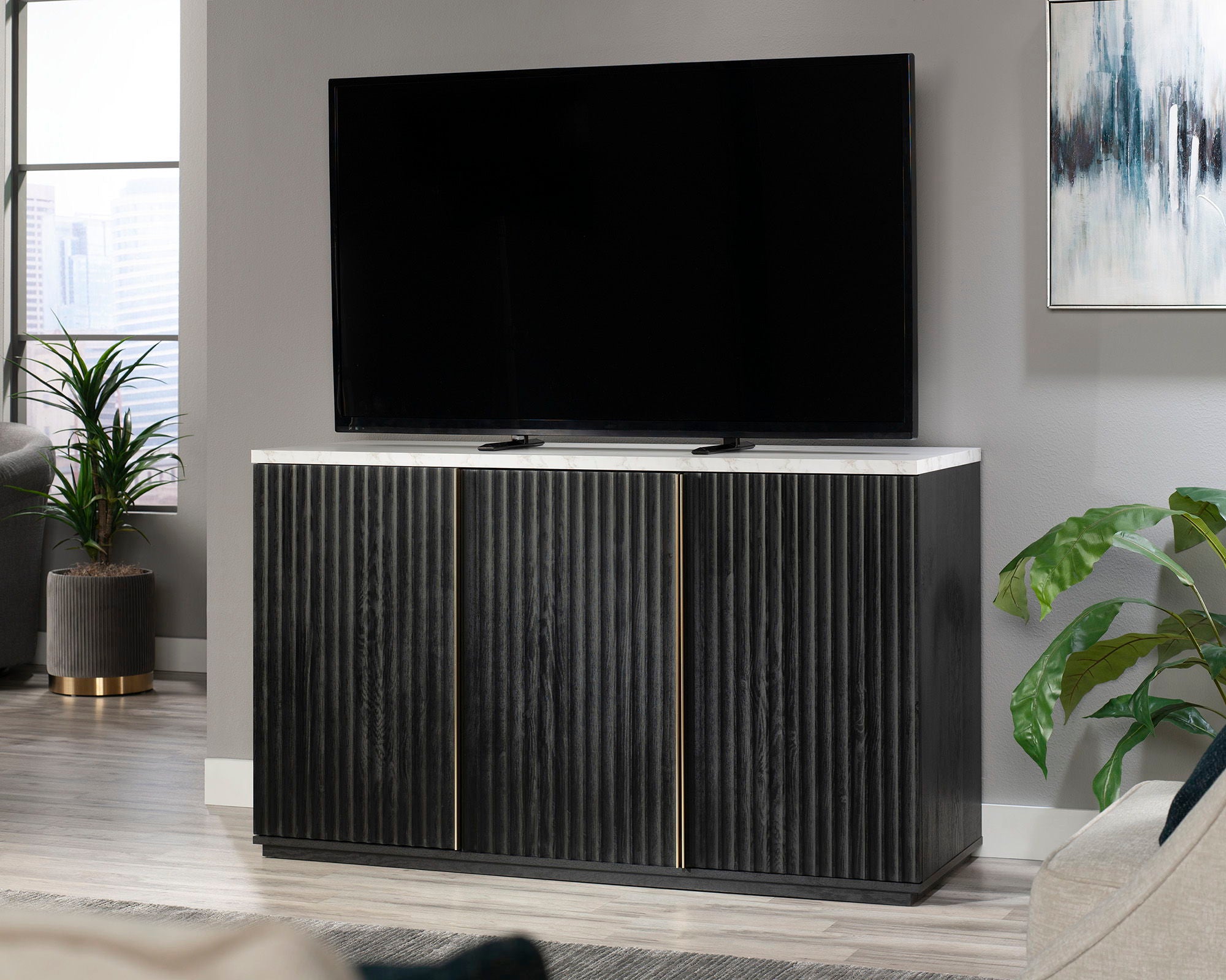 TV Credenza with Gold Accents in Raven Oak