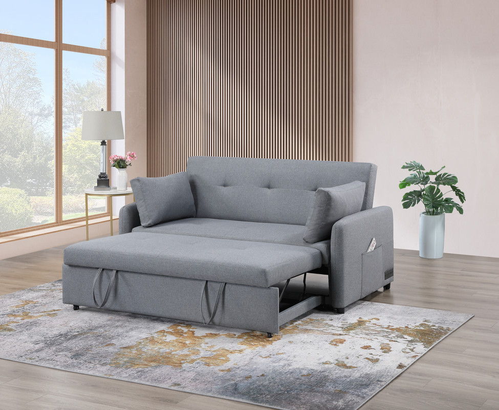 Radella 69"W Gray Linen Convertible Sleeper Sofa with USB Ports, Power Sockets, Pockets, Pillows, Tufting