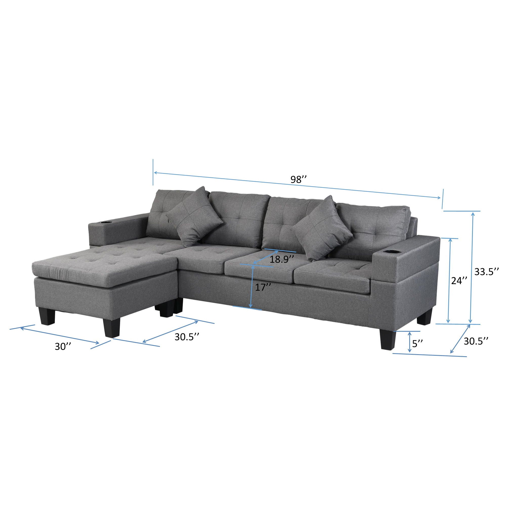 Modern Sectional Sofa Set With L Shape Chaise Lounge, Cup Holder, 4 Seat - Gray