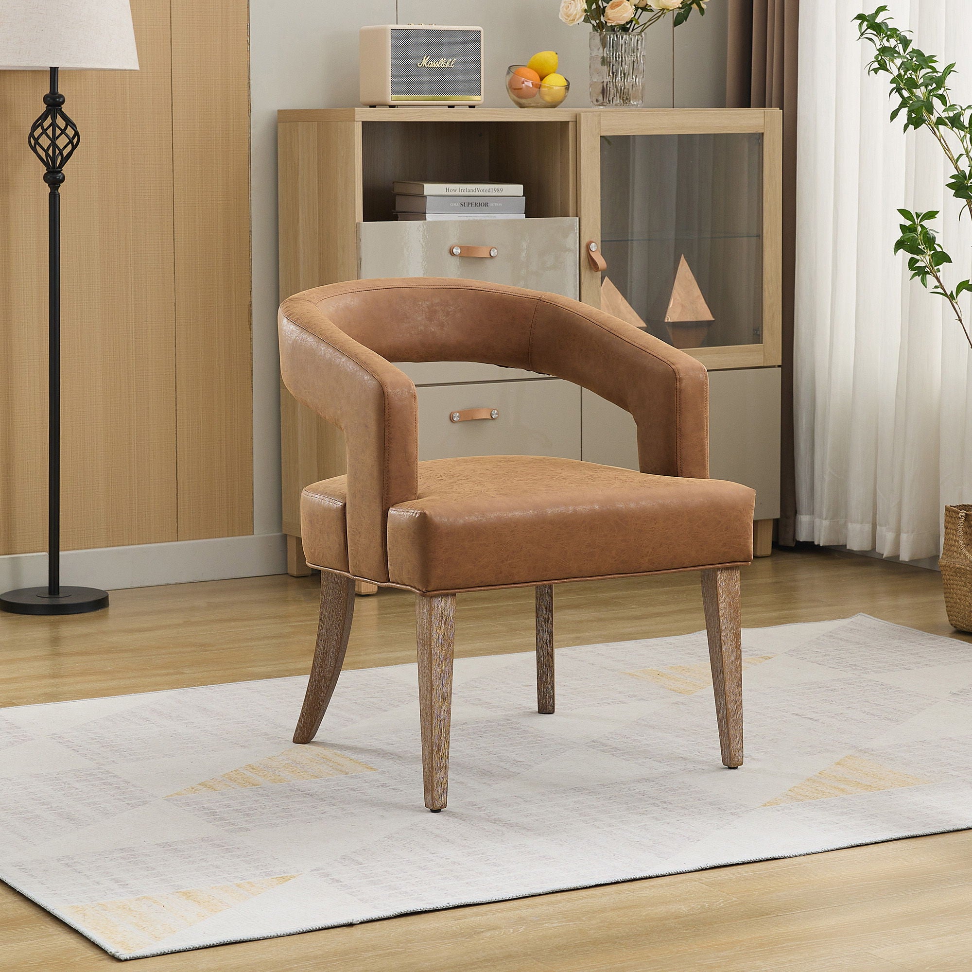 Wide Modern Barrel Open Back Upholstered Accent Chair With Weathered Solid Wood Legs