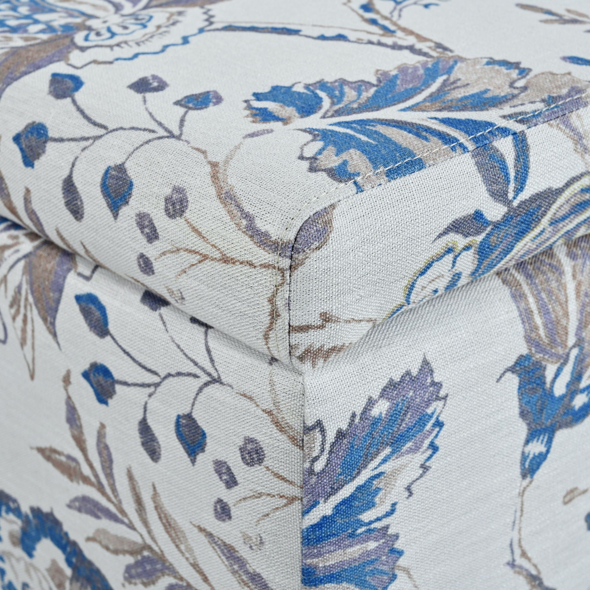 Luxury Storage Ottoman With Floral Patterned Fabric, Soft Close Hinges, Functional Footrest & Seat - Blue Flower / Blue Multi