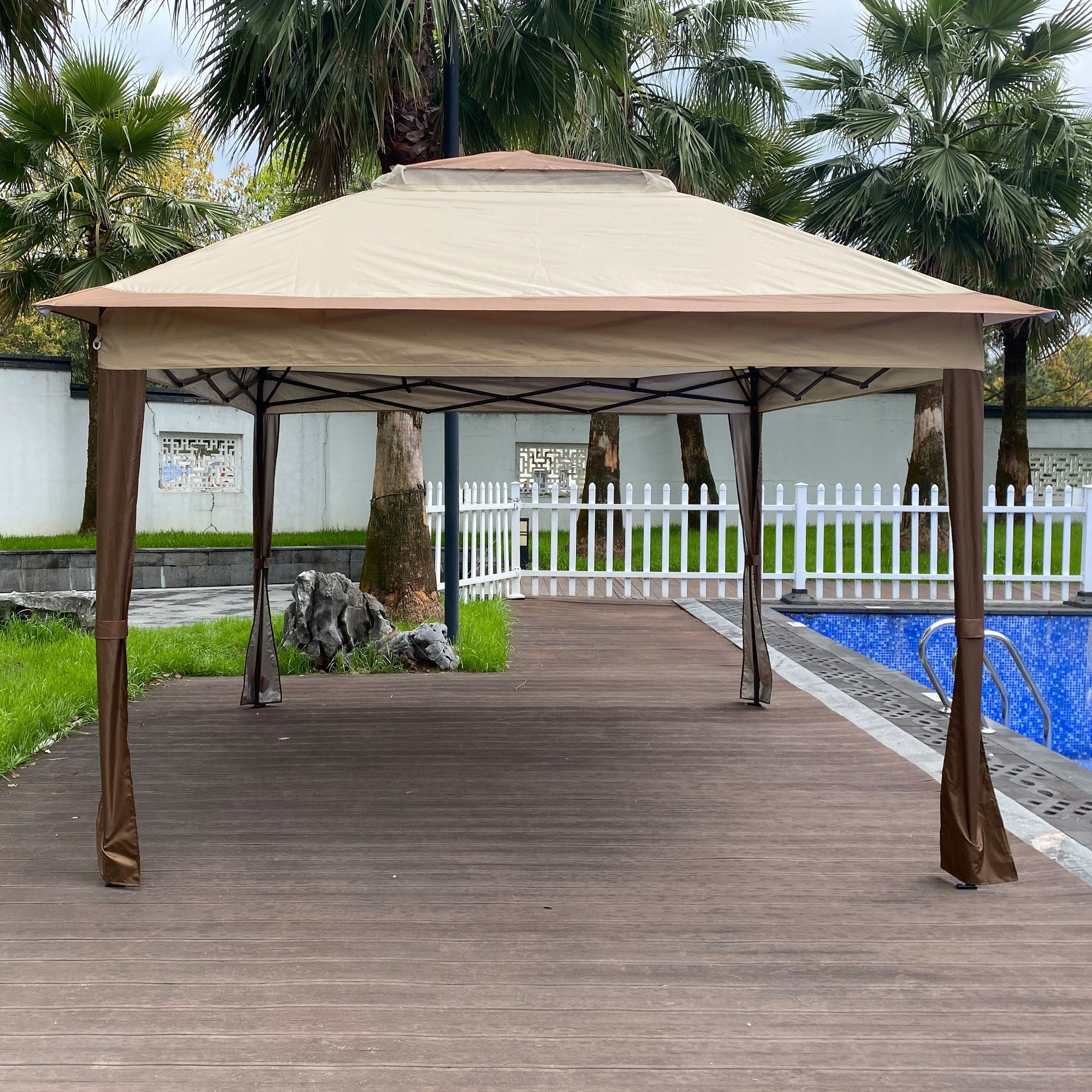 Outdoor Pop Up Gazebo Canopy With 2 Tier Soft Top And Removable Zipper Netting