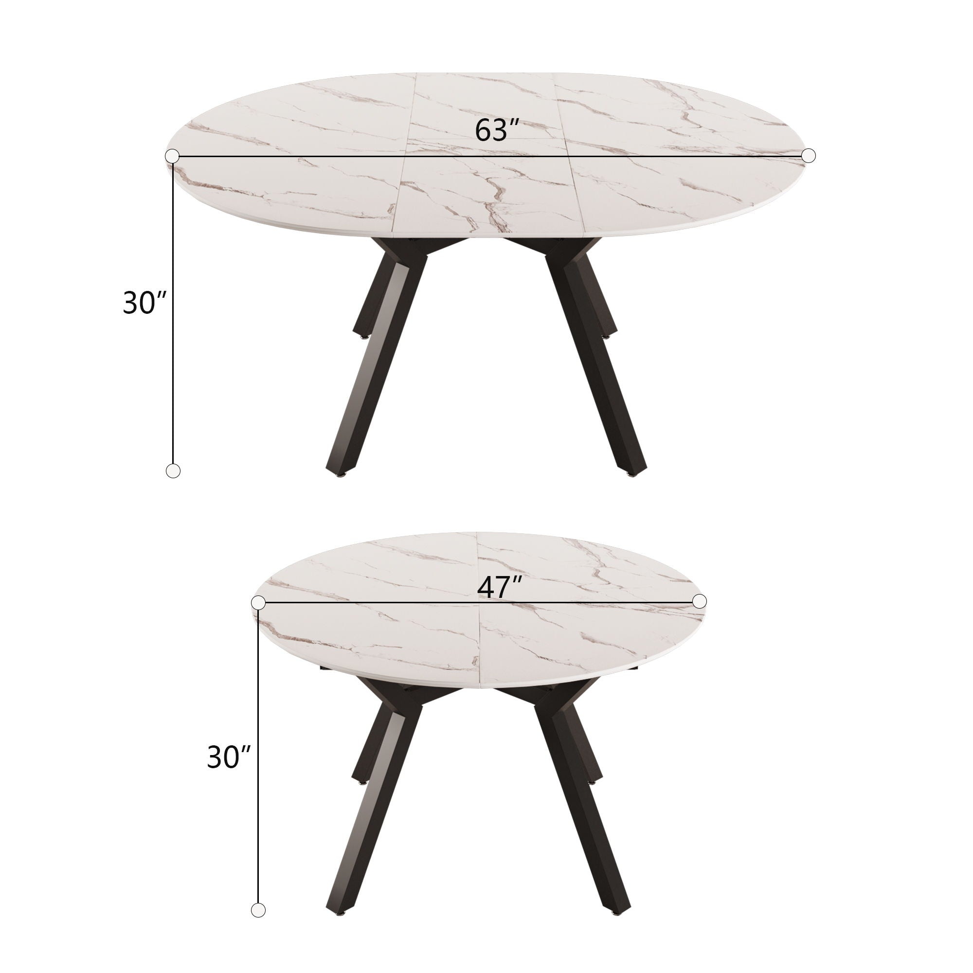 Modern Extendable White Circular Dining Table with MDF Top and Metal Legs for 4-6 Persons