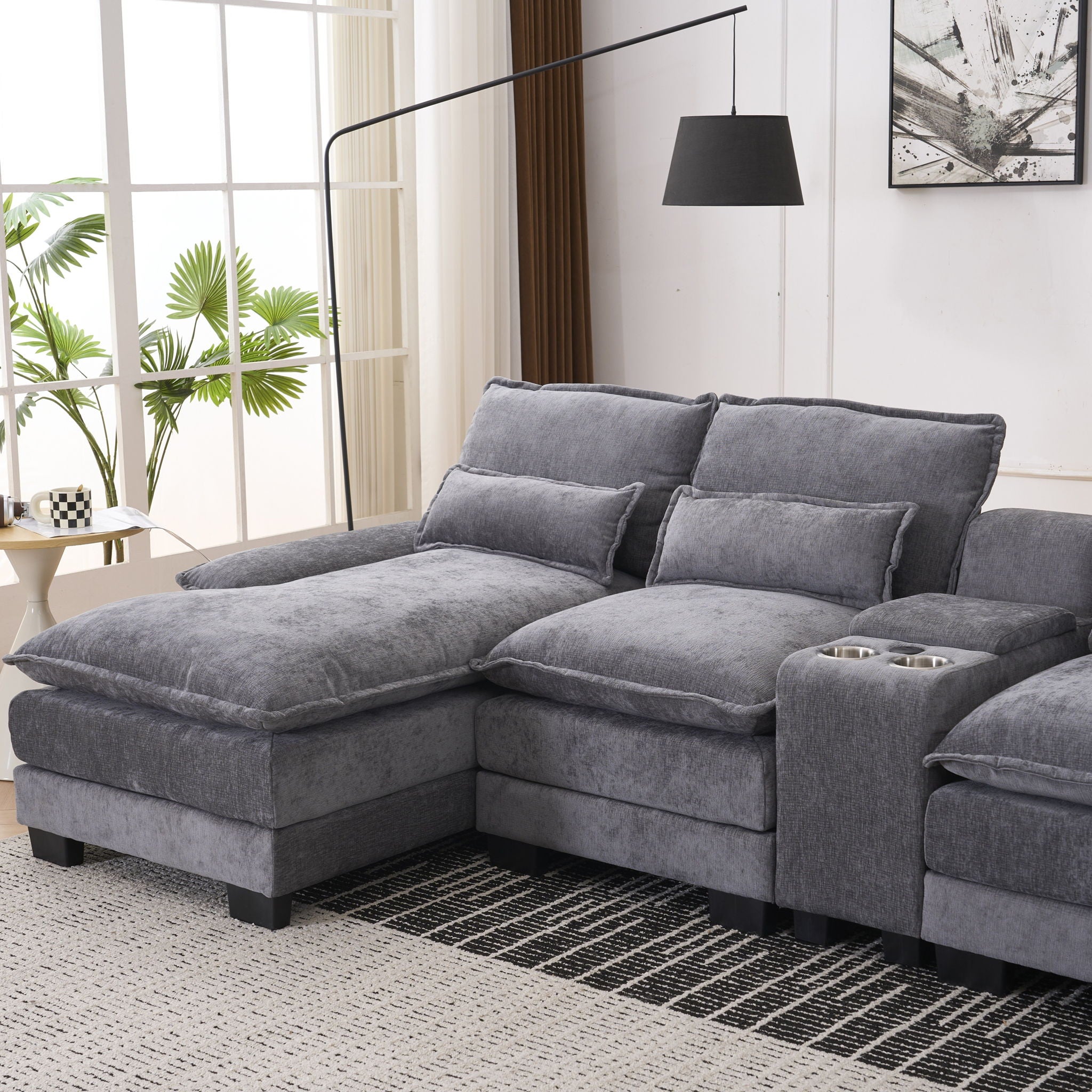 U Shaped Sofa With Console, Cupholders, USB Ports, 6 Seat, Bronzing Suede & Chenille