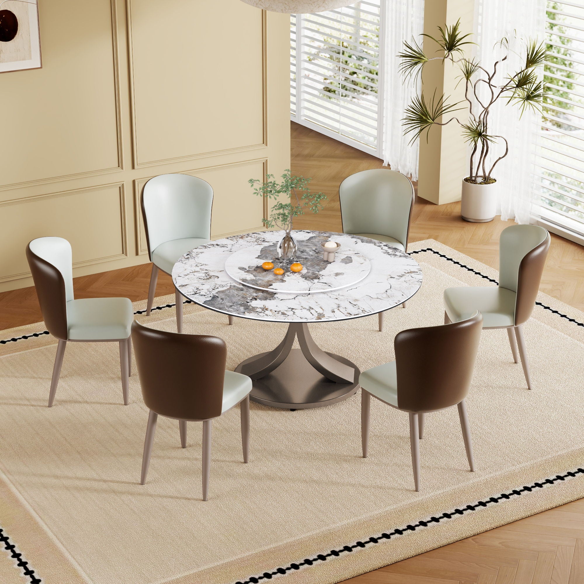 Round Dining Table With 360° Rotating Lazy Susan Scratch & Heat - Dark Purple / White