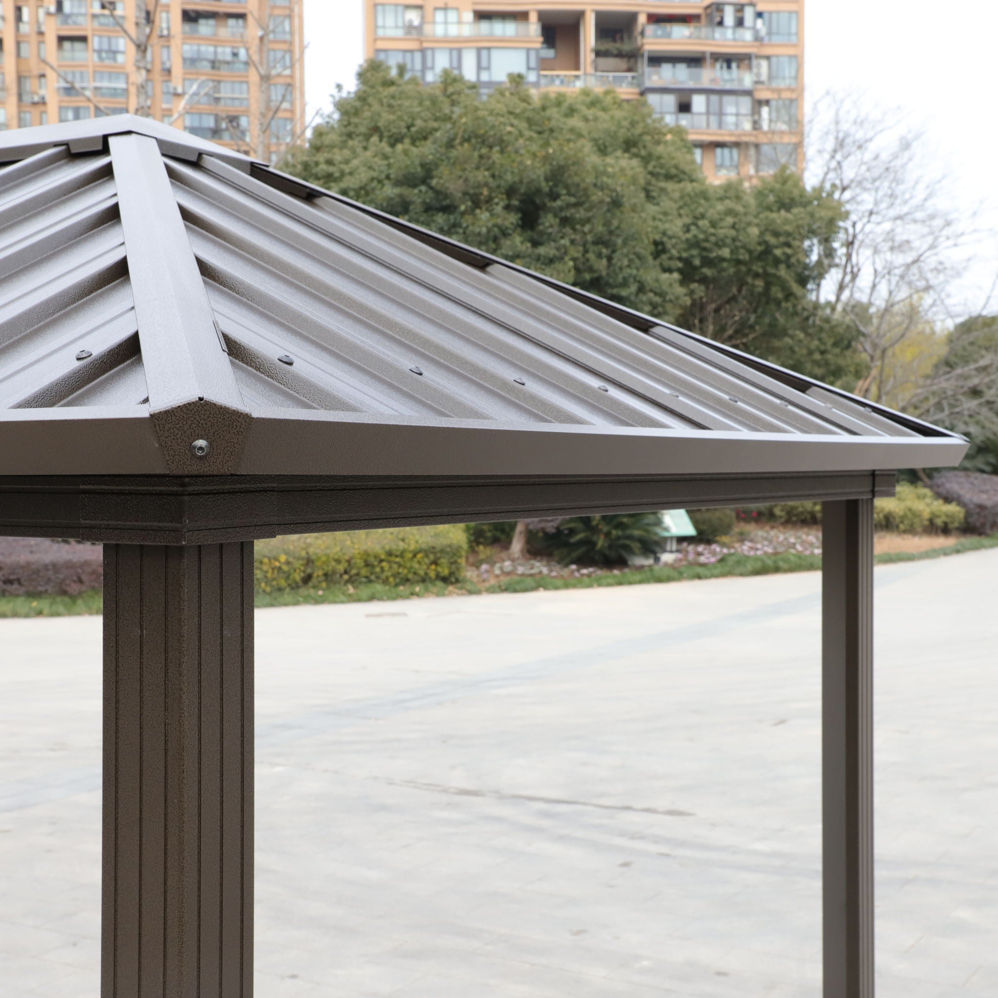 Grill Hardtop Gazebo Outdoor Metal Hard Top Gazebo, Permanent Bbq Gazebo With Galvanized Steel, Aluminum Framed Pavilion With Shelves - Dark Brown