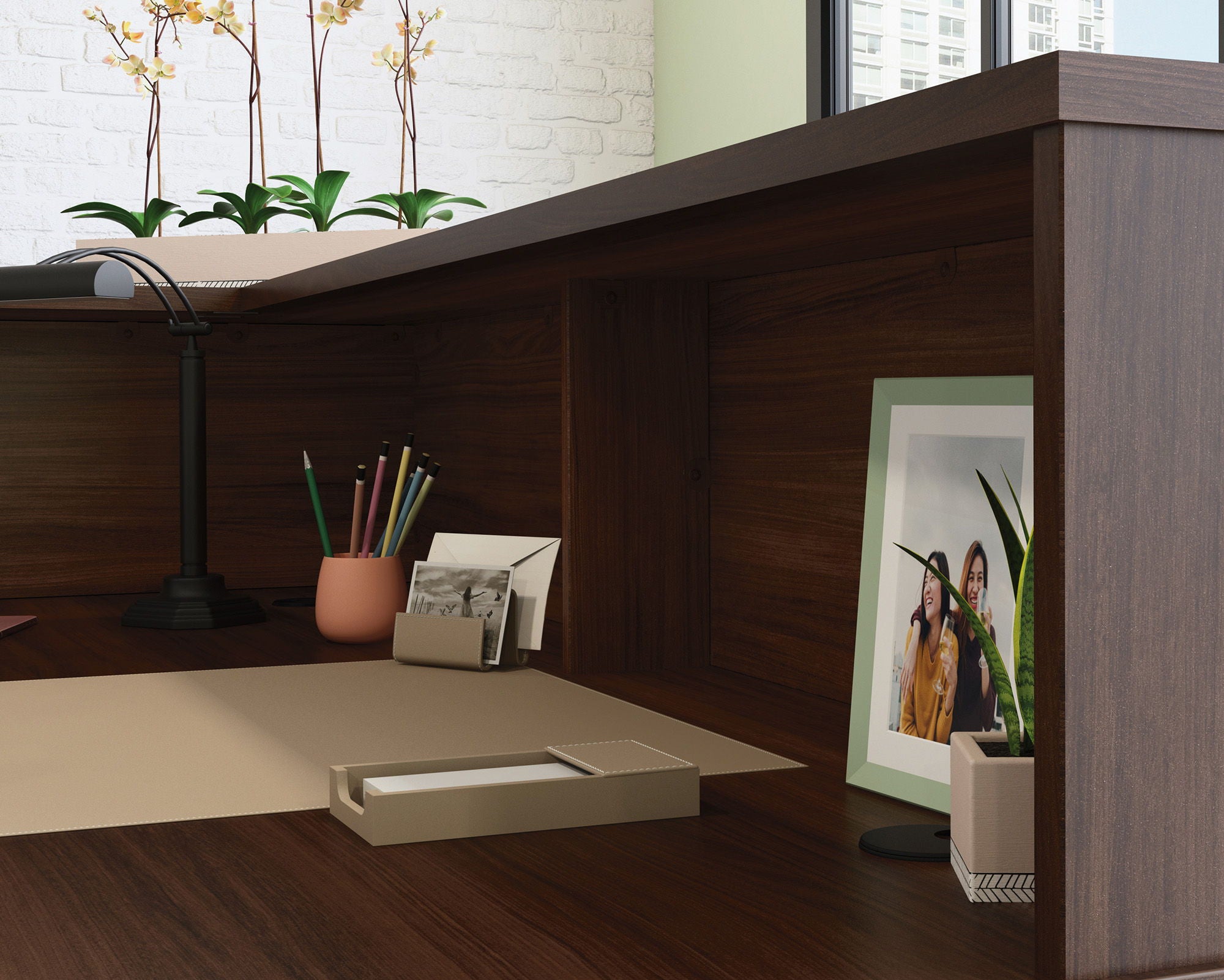 Reception Desktop Hutch in Noble Elm
