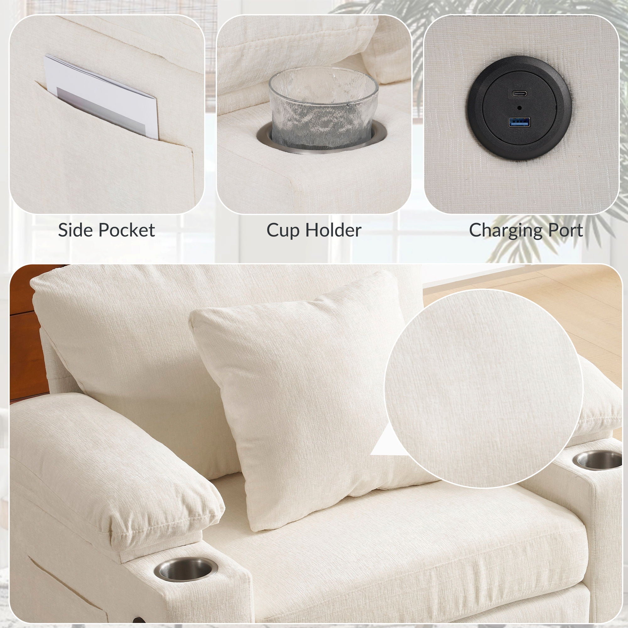 Chenille Fabric Sofa Bed With Cupholders And USB Charging Ports Chair For Living Room