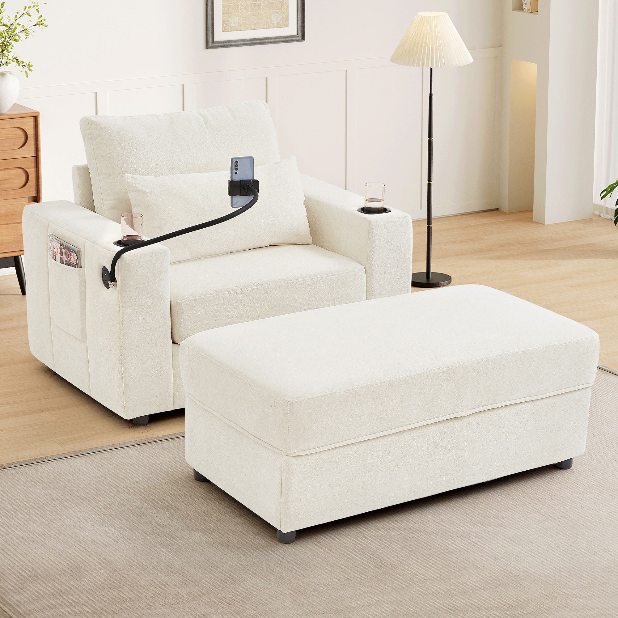 Modern Style Armchair Chaise Lounge Sofa Couch With Movable Storage Ottoman, USB Ports, Cup Holders, Phone Holder, Side Pockets