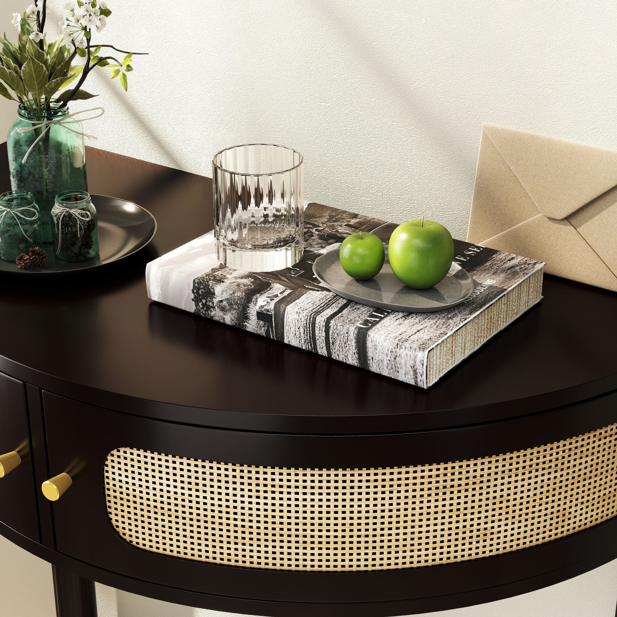 Boho Rattan Semi Circle End Table With Sliding Rattan Door, Storage And Bottom Shelf