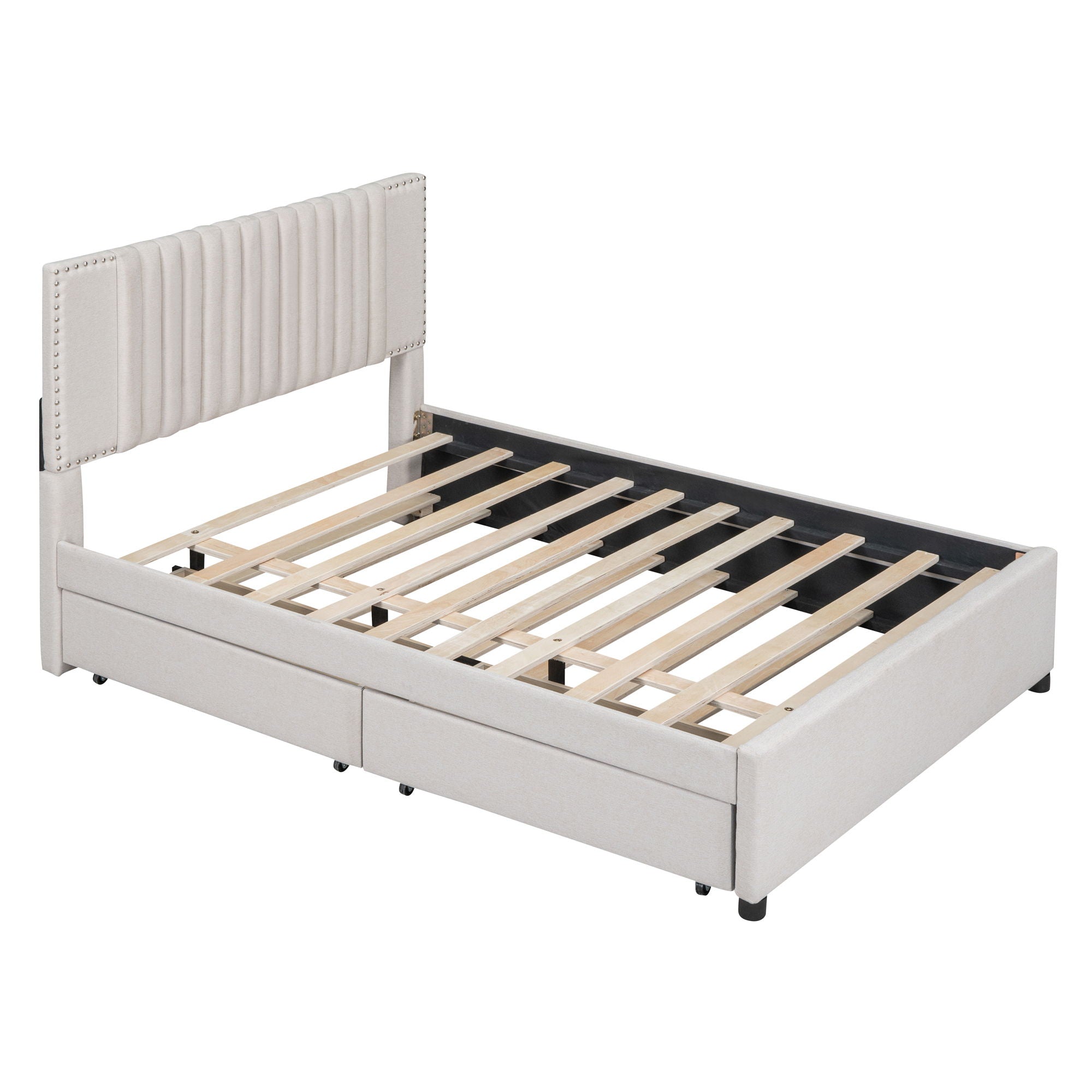 Upholstered Platform Bed With Drawers, Classic Headboard Design