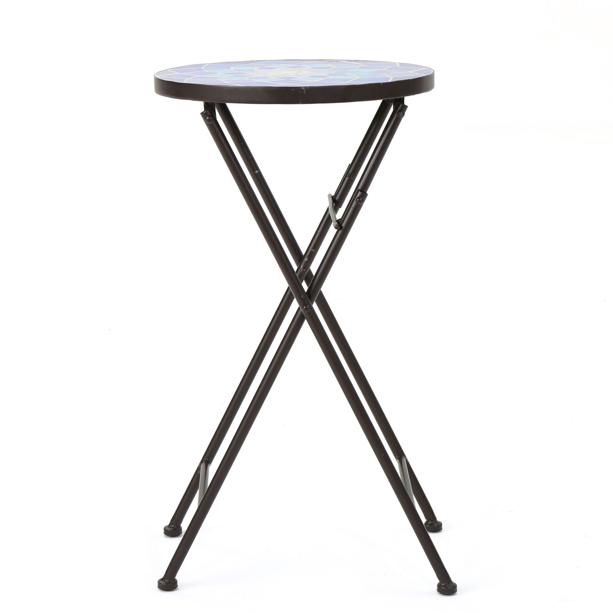 Outdoor Folding Accent Table With Glass Top And Iron Frame - White / Blue