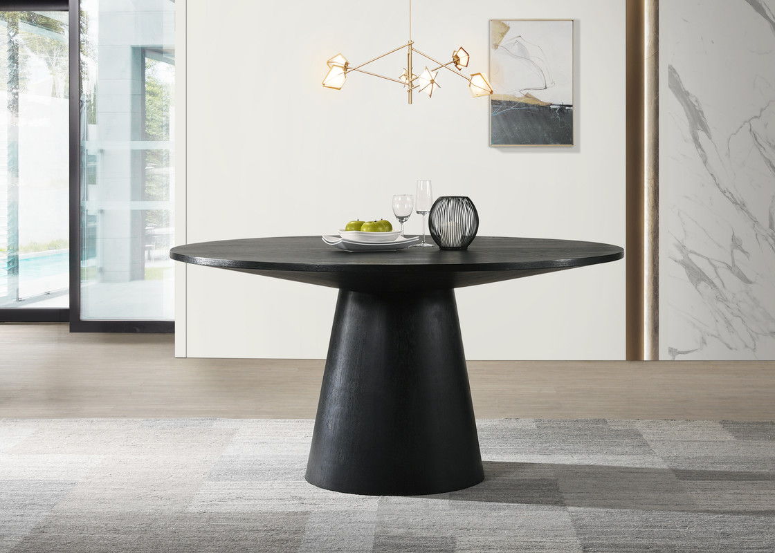 Jasper Ebony Black 3 Piece 59" Contemporary Round Dining Table Set with Pedestal Base and Beige Fabric Chairs