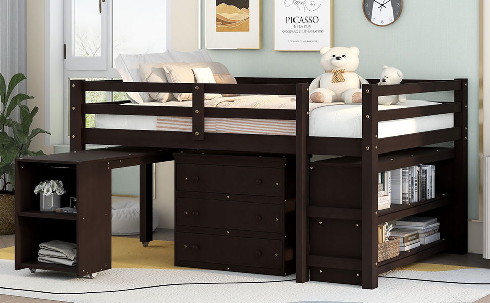 Loft Low Study Bed With Cabinet, Shelves And Rolling Portable Desk, Multiple Functions