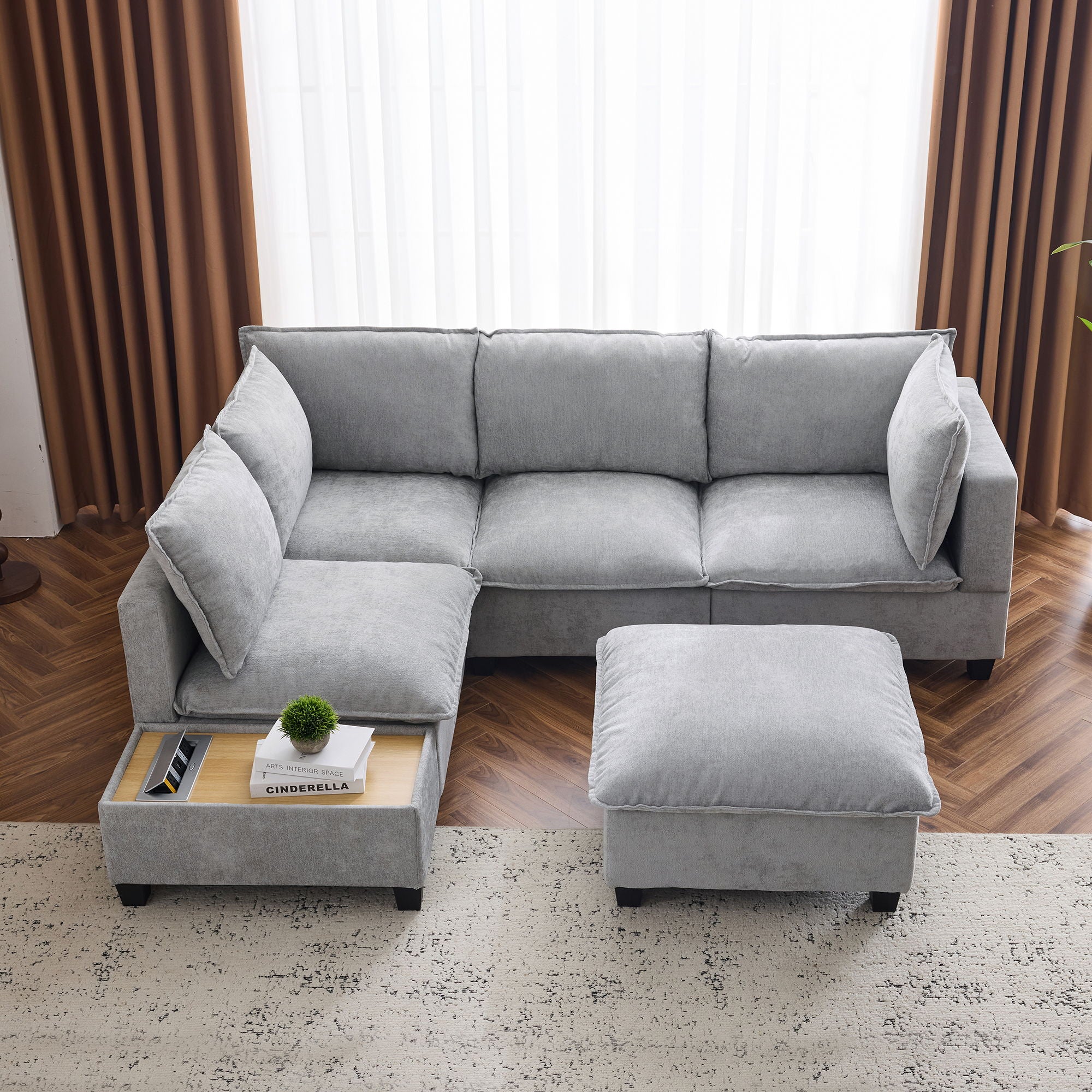 U-Shaped Sectional Modular Sofa With A Movable Ottoman, A Coffee Table With Hidden Charging Devices For Living Room