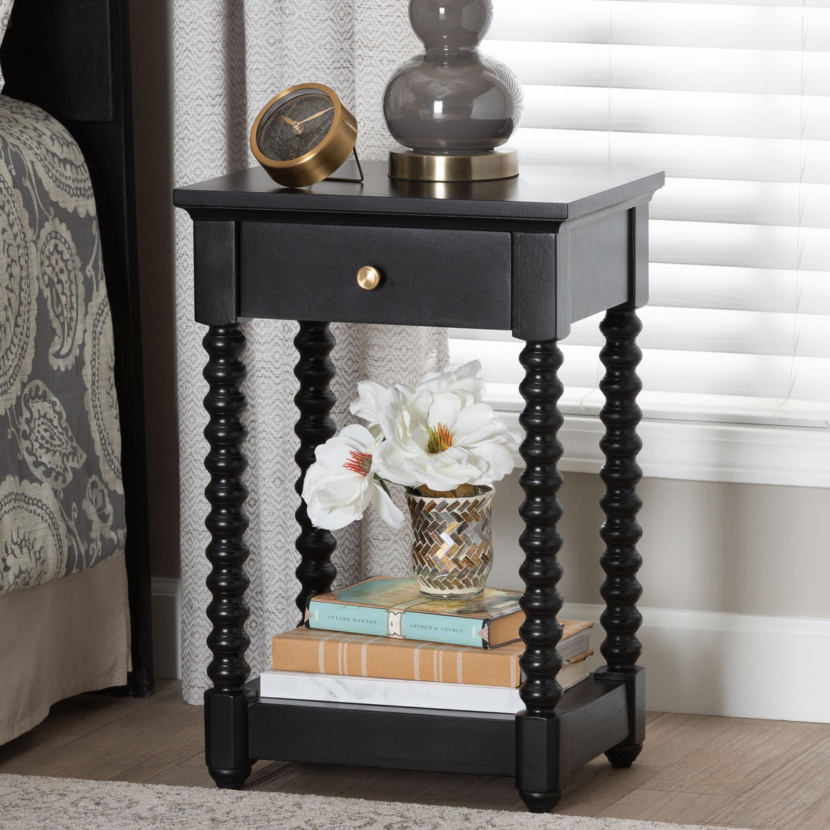 Terentia Nightstand with Bobbin Legs - 1-Drawer Bedroom Side Table with Storage Shelf, Black